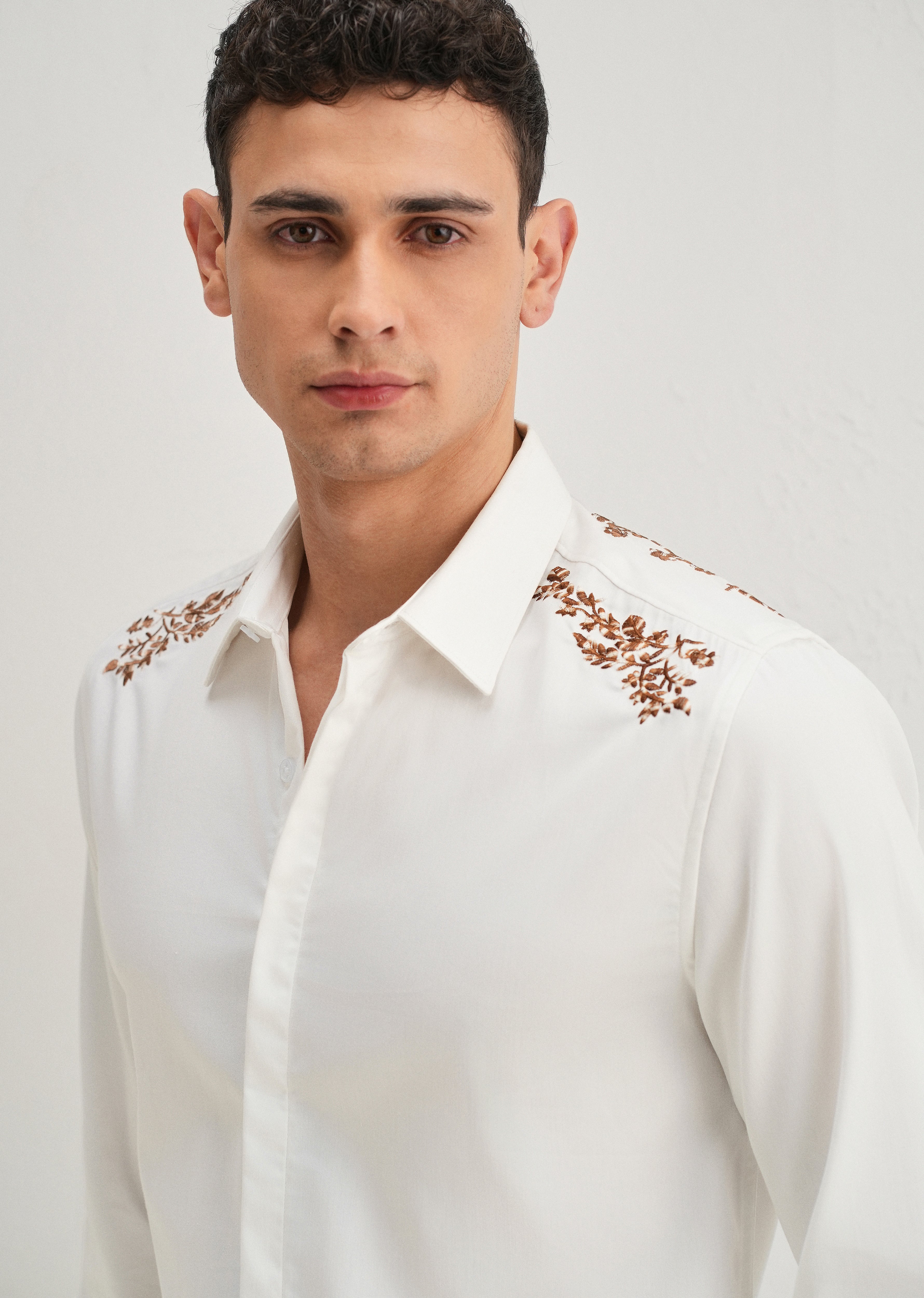 White Shoulder Embroidery Designer Shirt