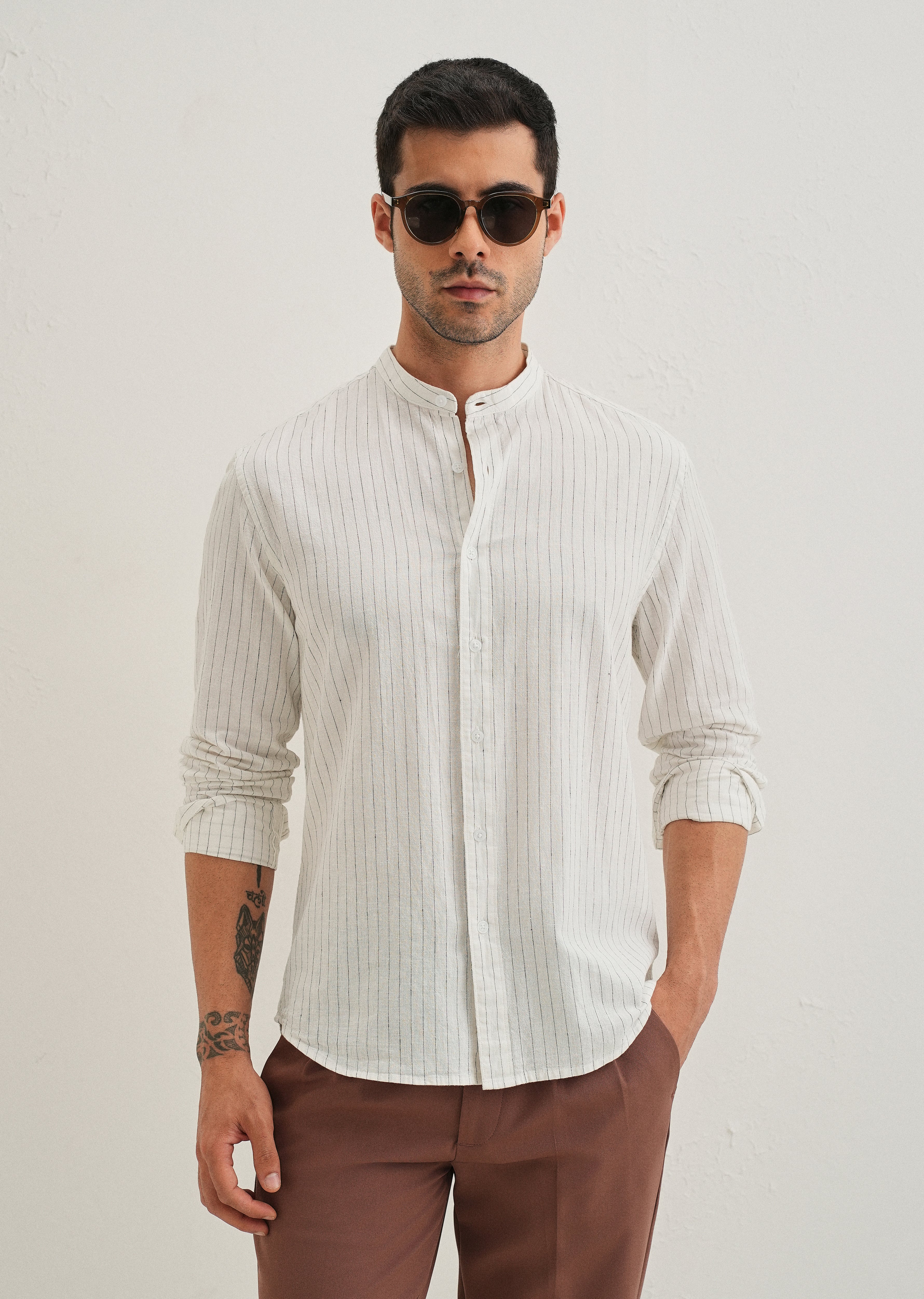 White Striped Mandarin Collar Cotton Shirt