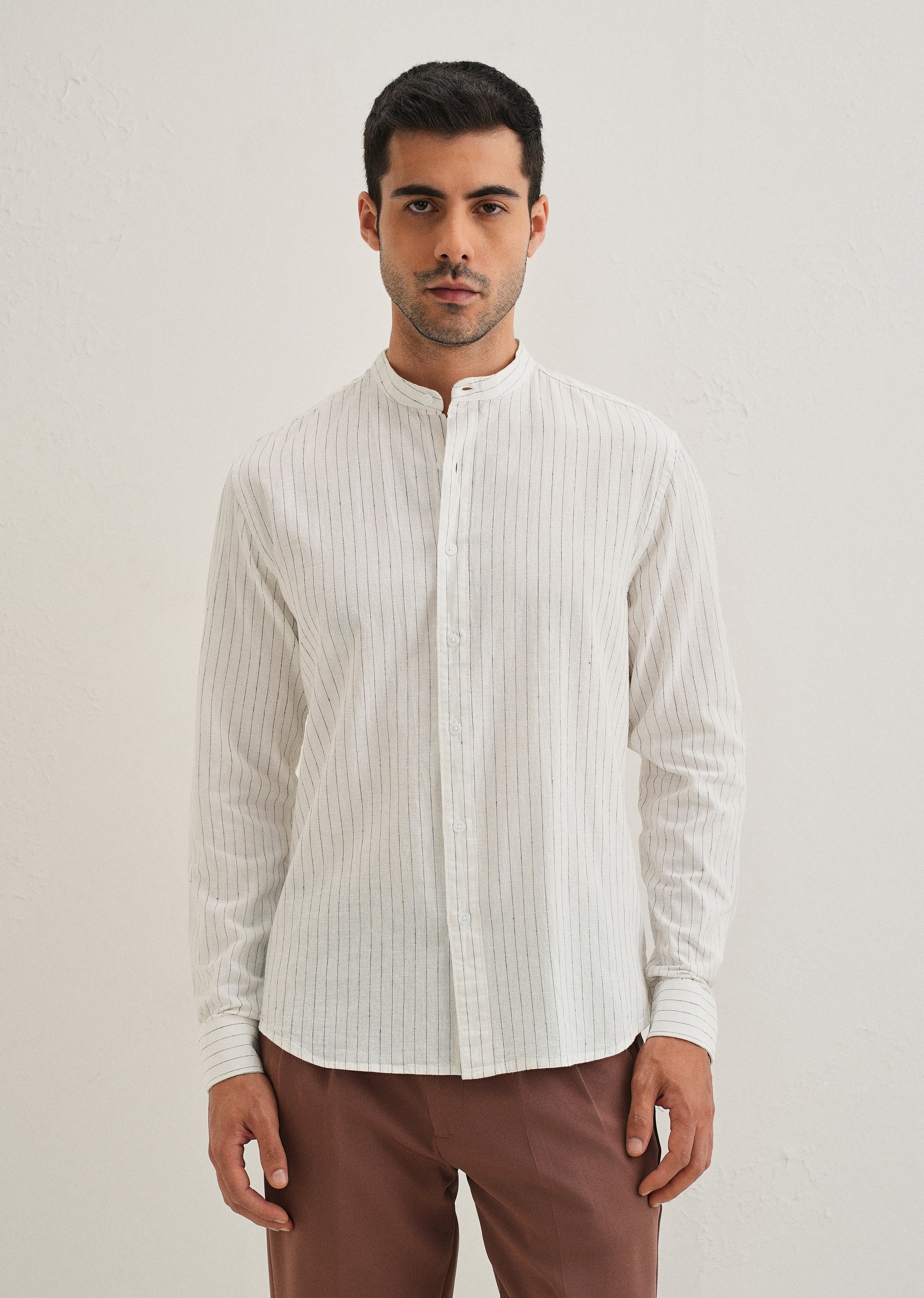 White Striped Mandarin Collar Cotton Shirt