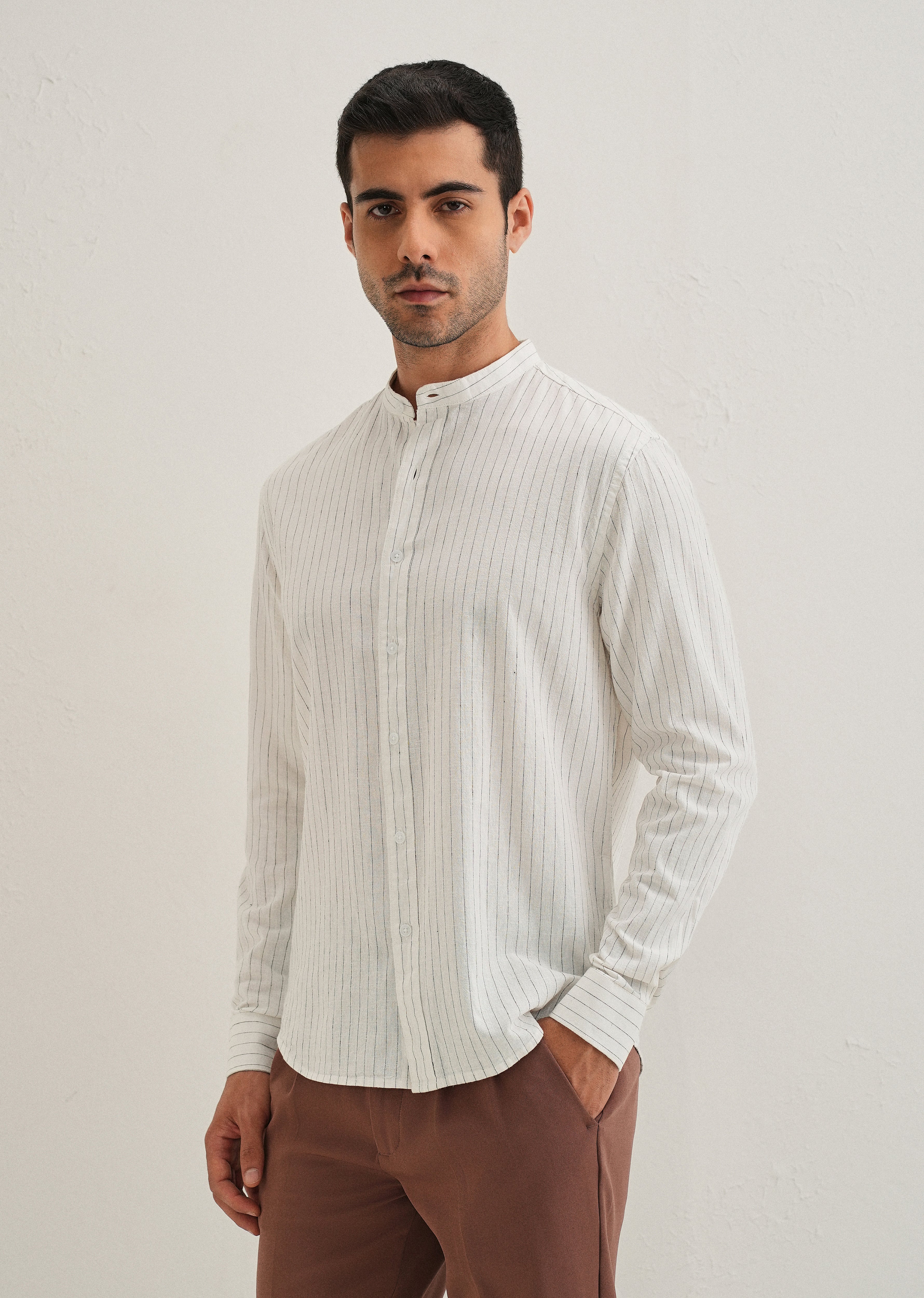 White Striped Mandarin Collar Cotton Shirt