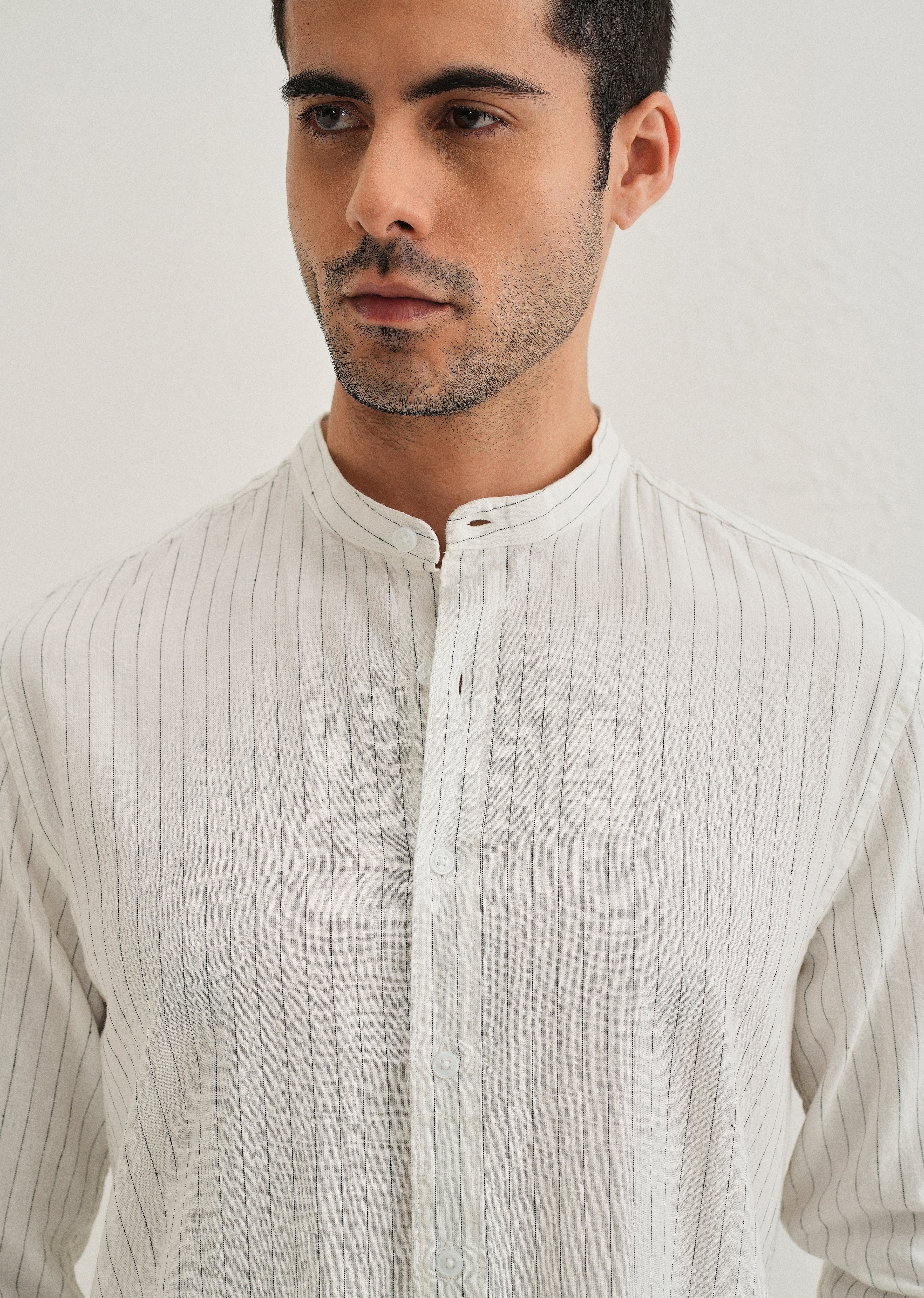 White Striped Mandarin Collar Cotton Shirt