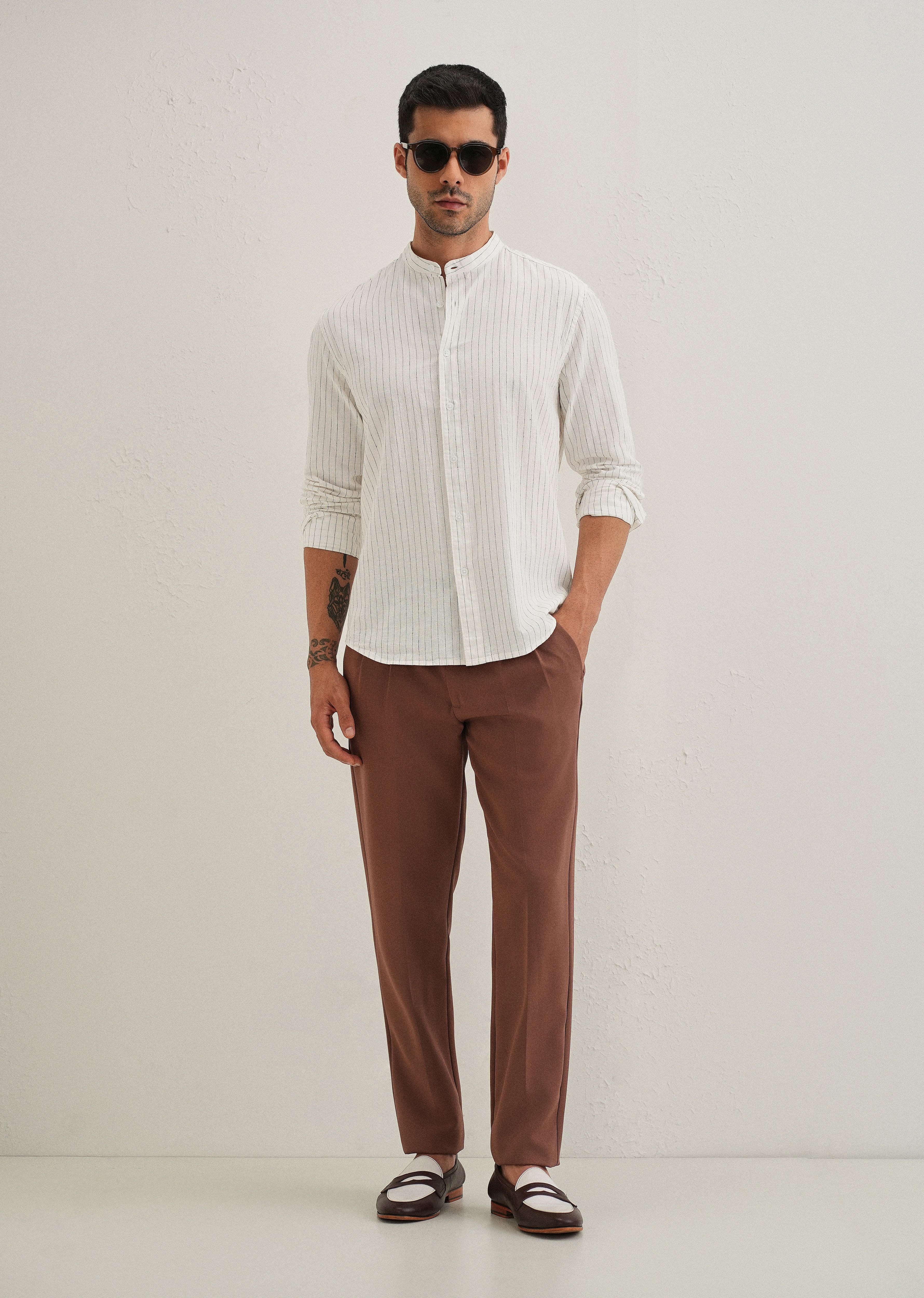 White Striped Mandarin Collar Cotton Shirt