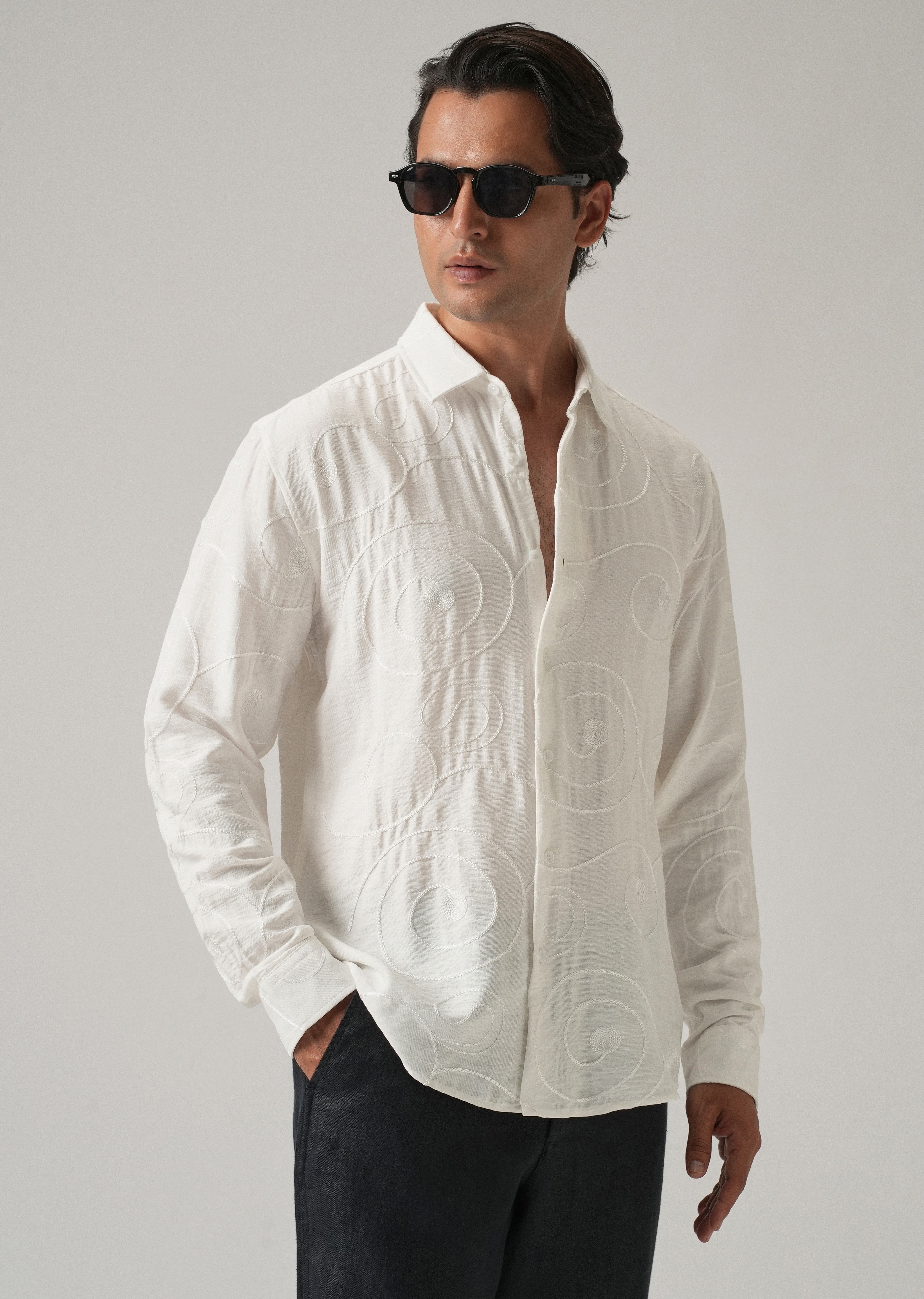 White Swirl Embroidery Shirt