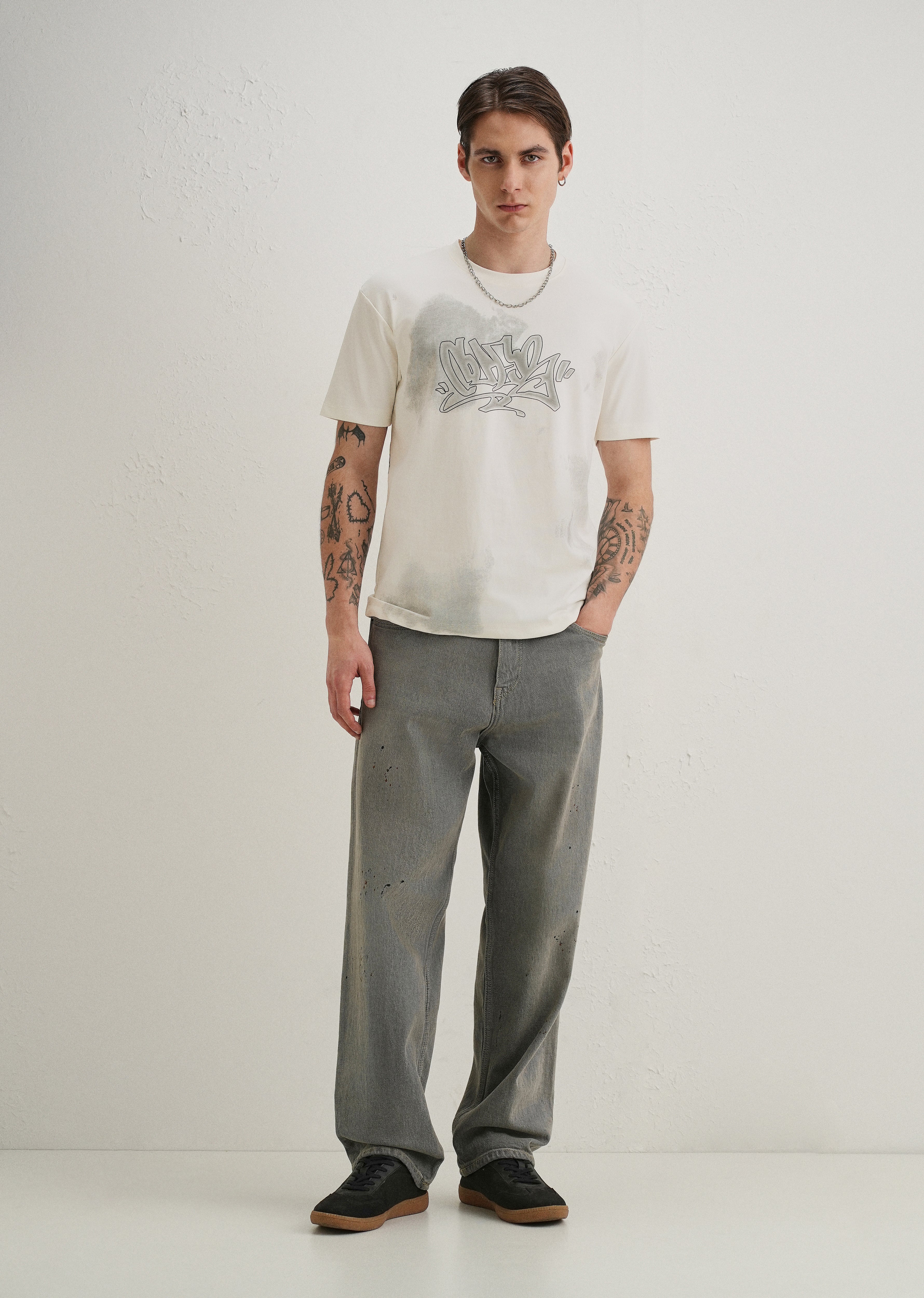 White Textured Back Print T-Shirt