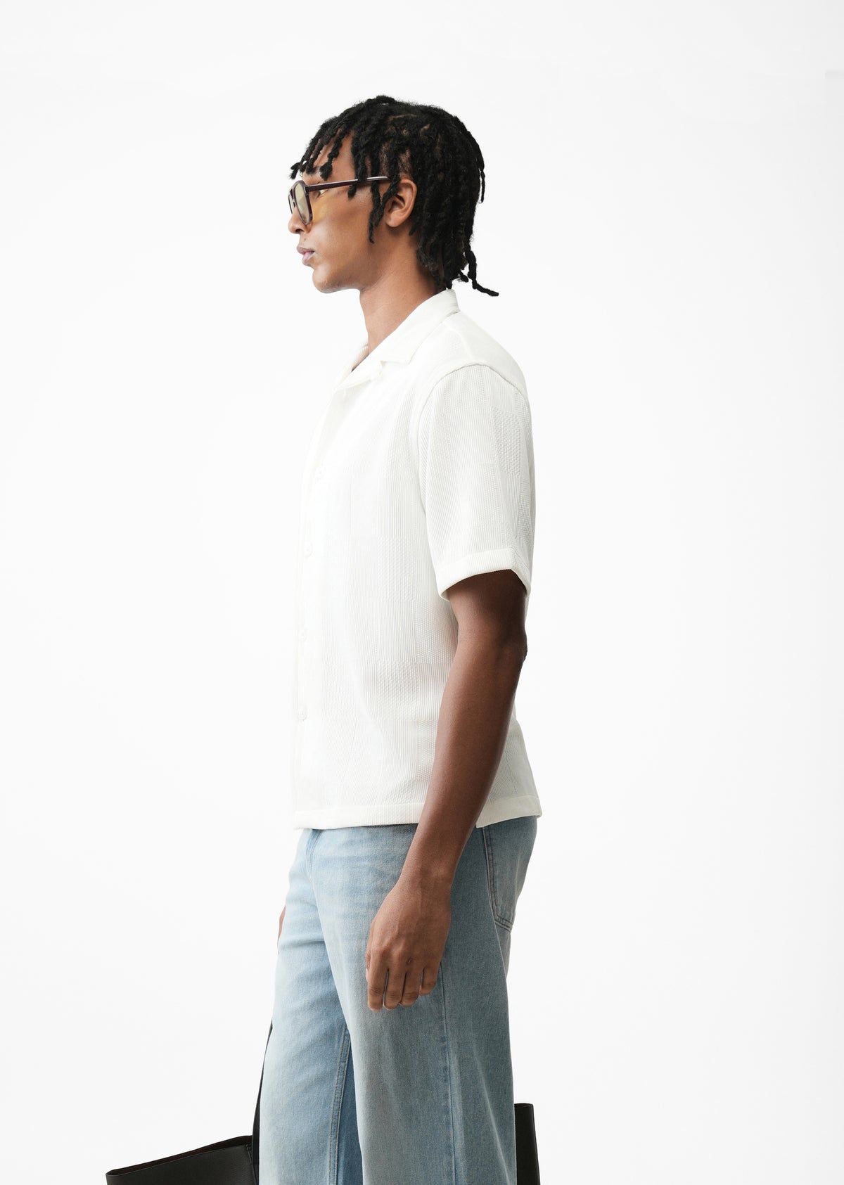 White Textured Check Knit Shirt