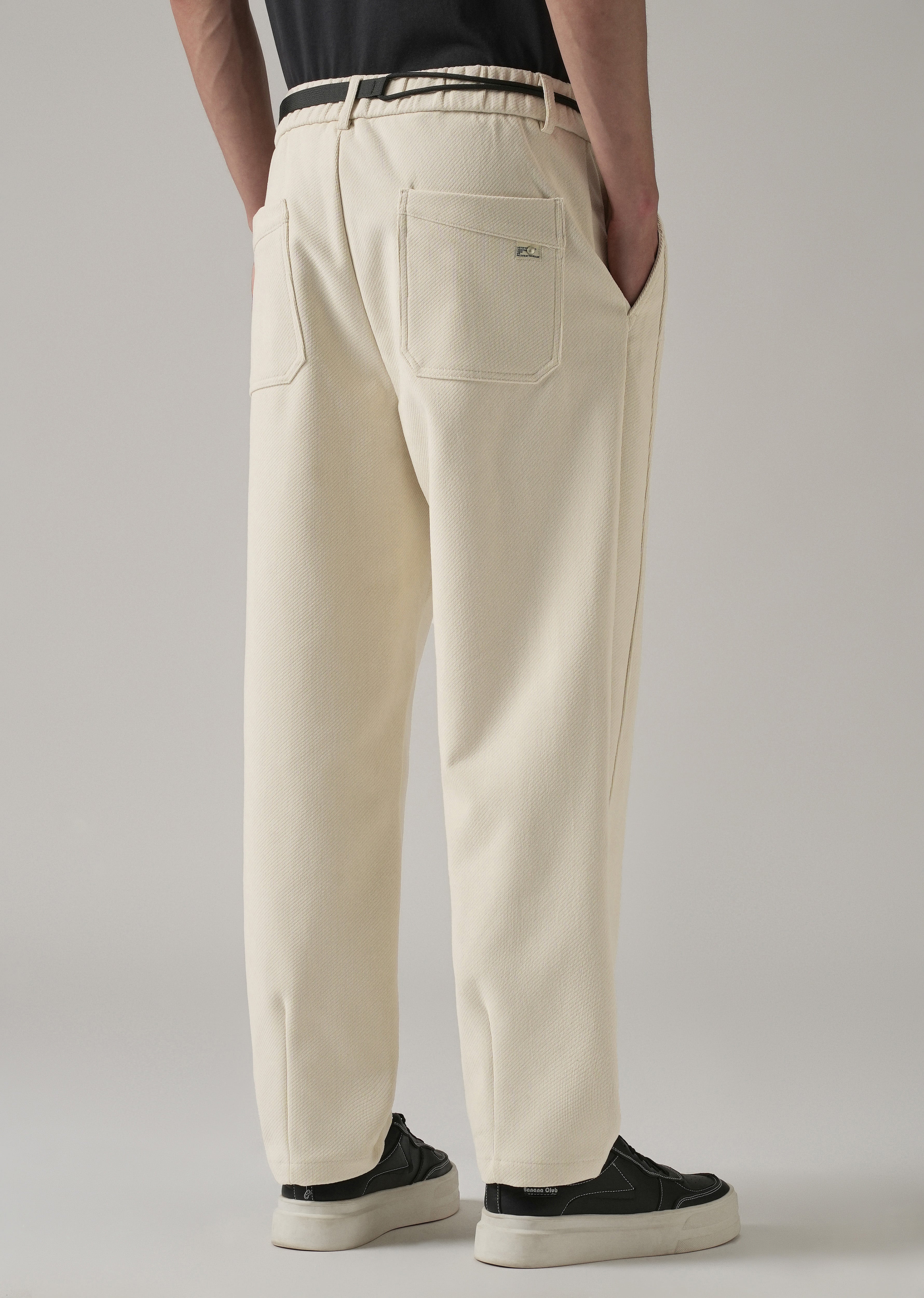 White Textured Corduroy Belt Pant
