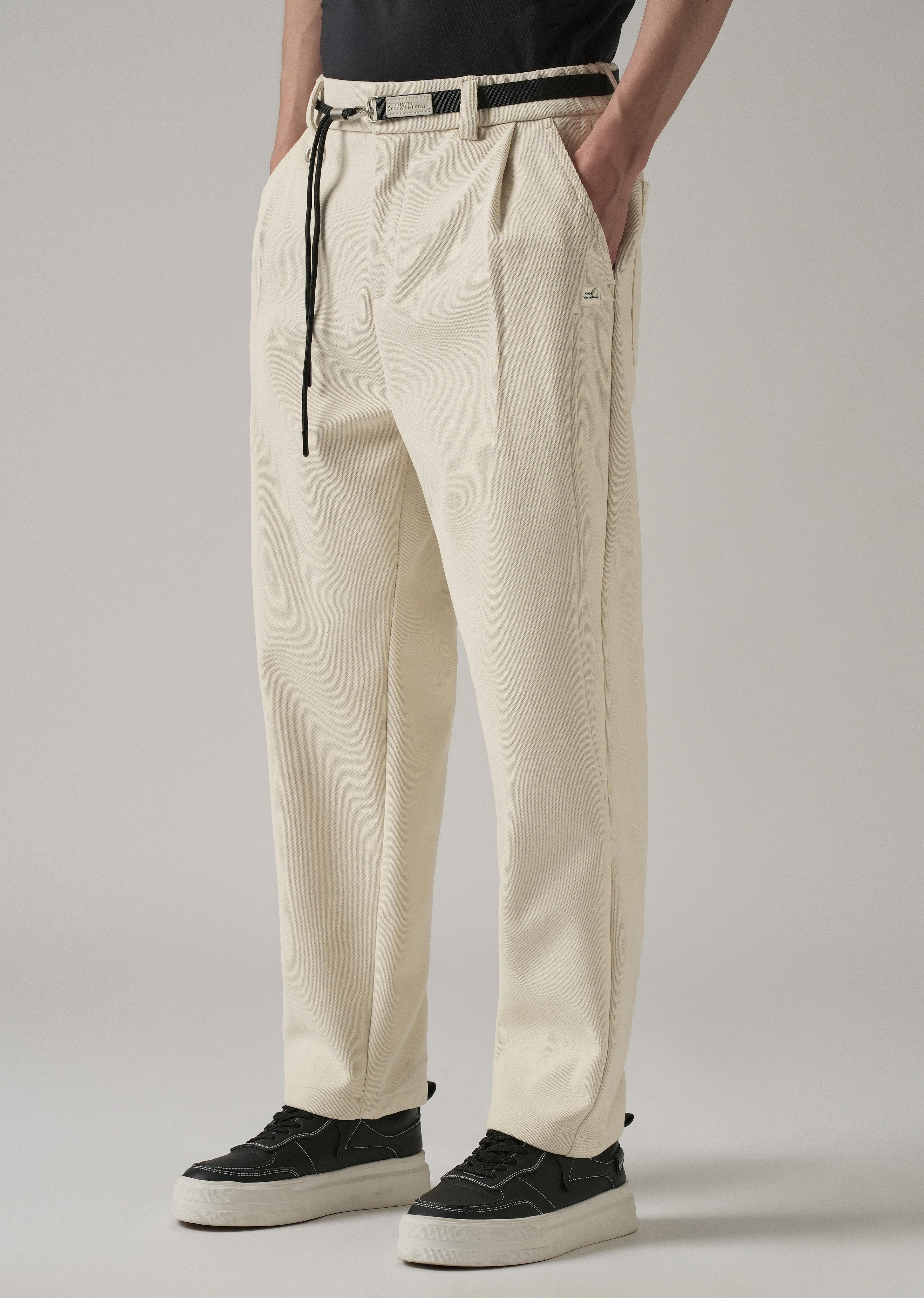 White Textured Corduroy Belt Pant