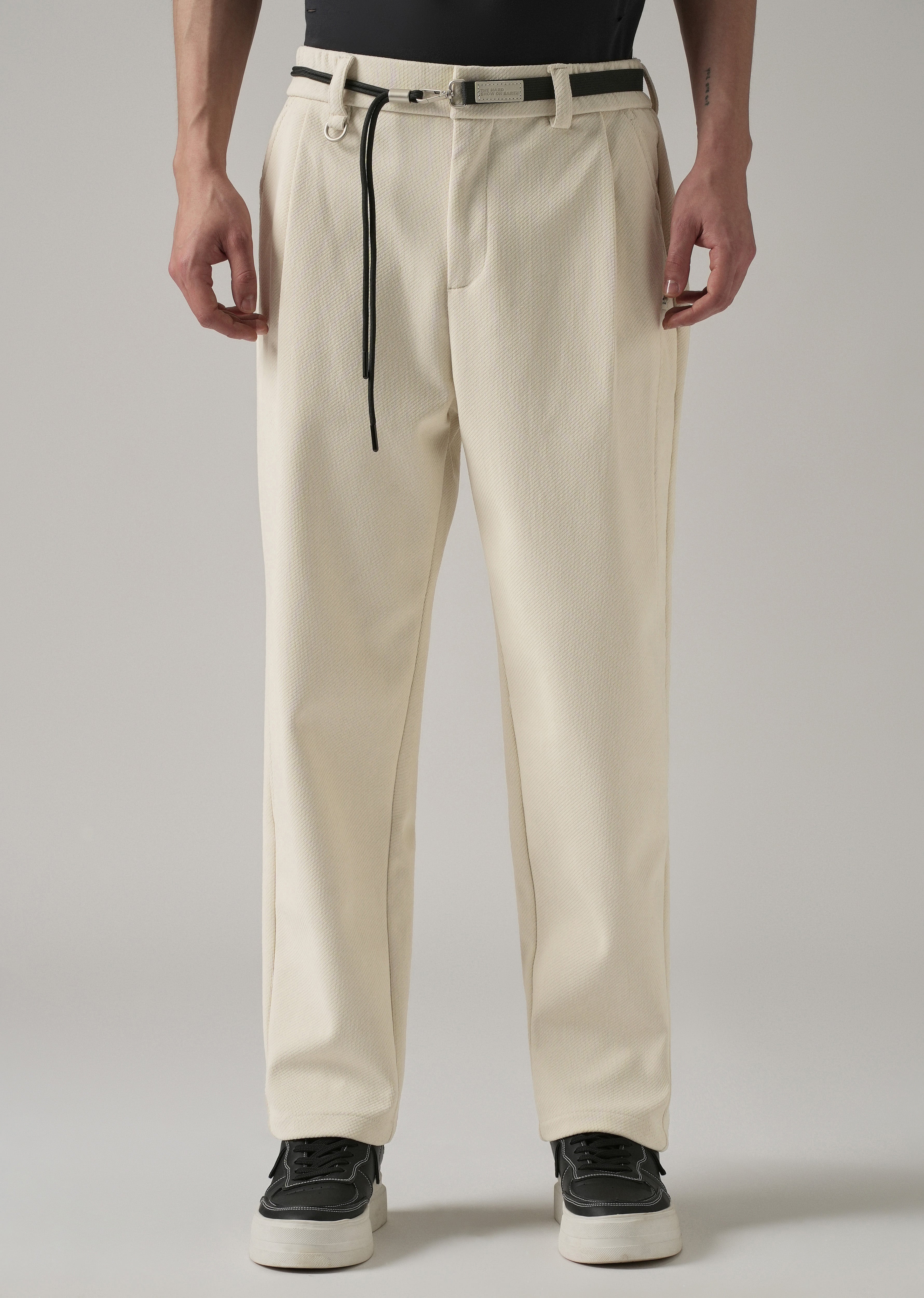 White Textured Corduroy Belt Pant
