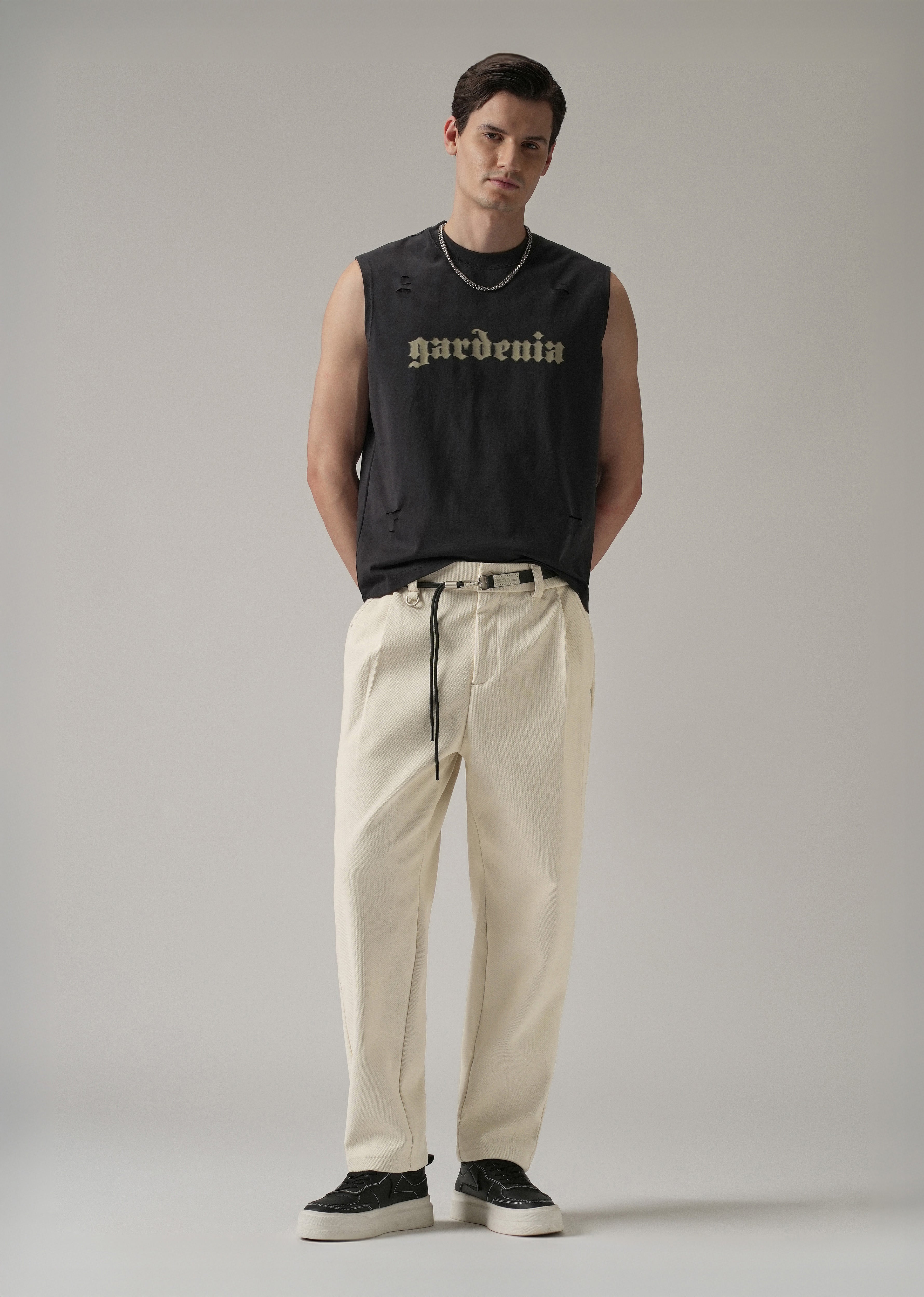 White Textured Corduroy Belt Pant