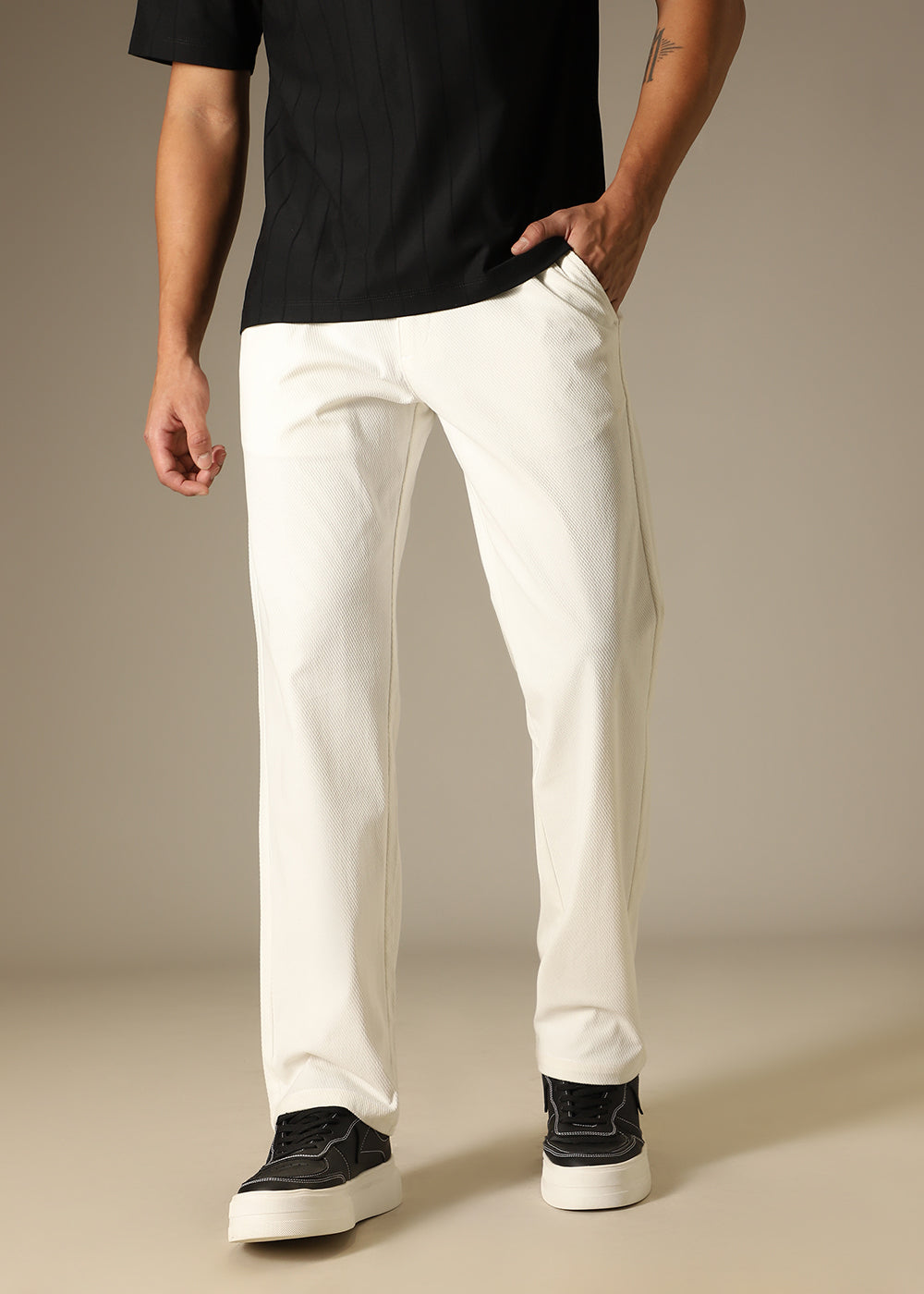 White Textured Corduroy Pant