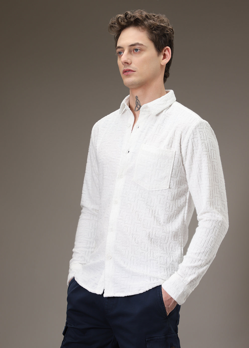 White Jacquard Towelling Camp Shirt