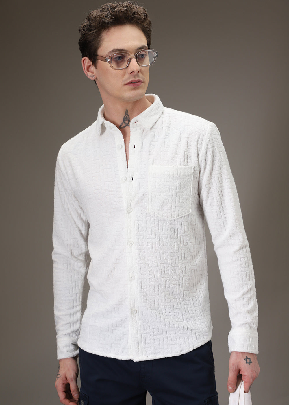 White Jacquard Towelling Camp Shirt