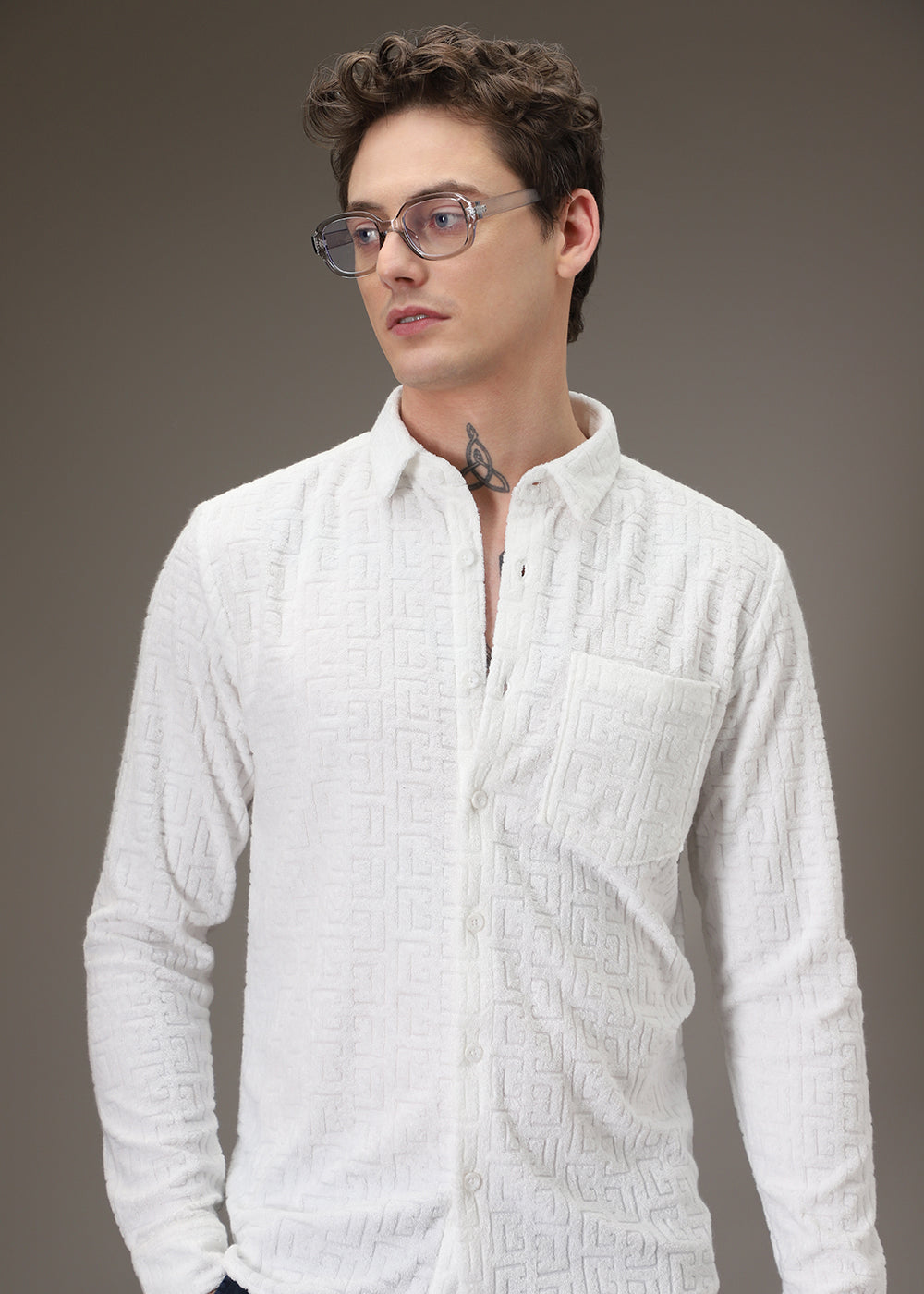 White Jacquard Towelling Camp Shirt