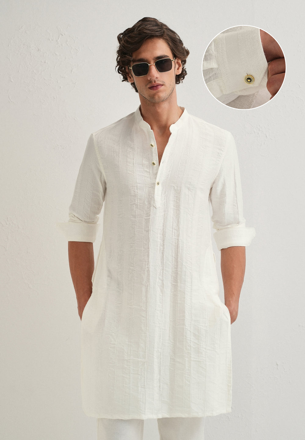White Textured Vertical Stripe Kurta