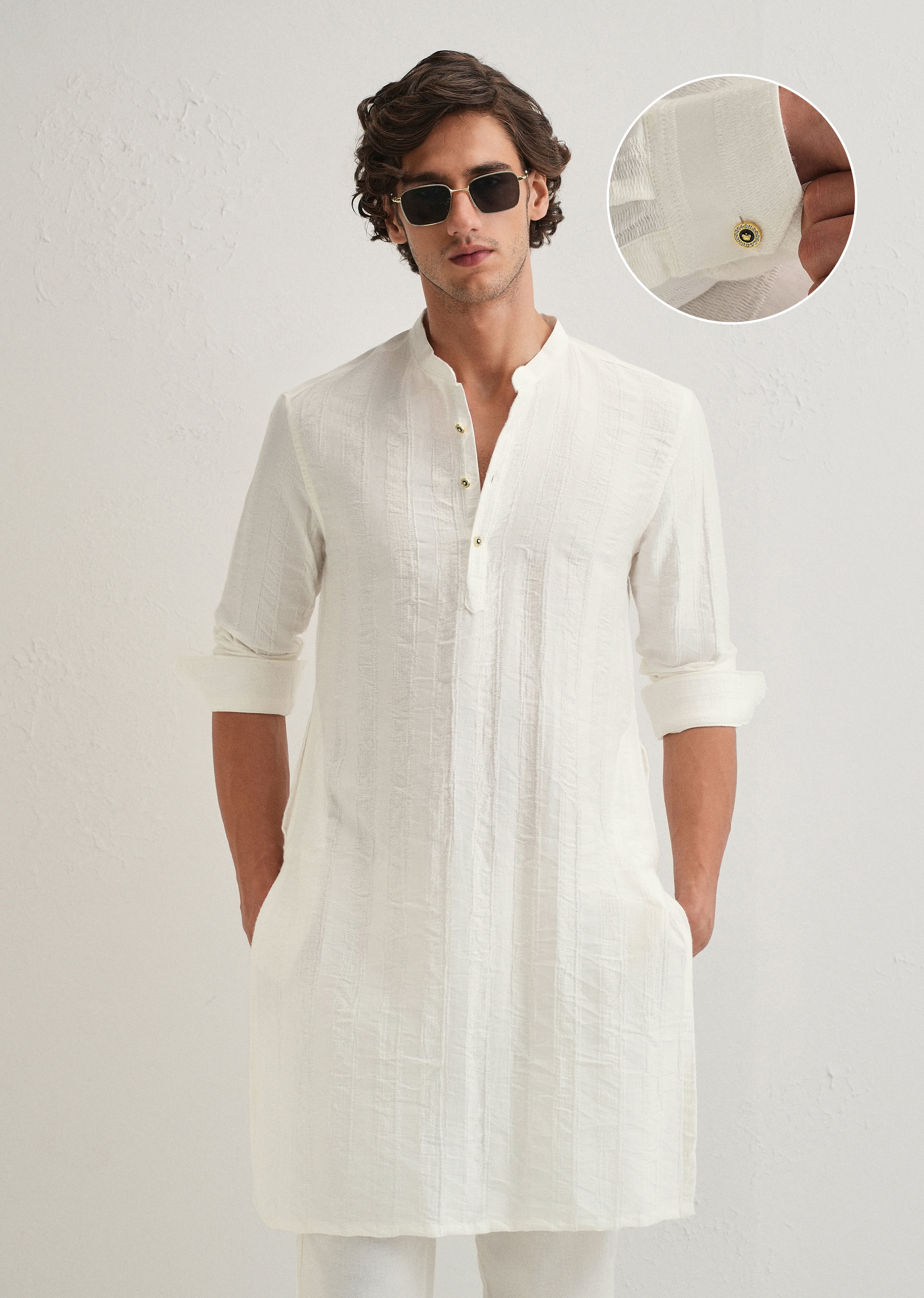 White Textured Vertical Stripe Kurta