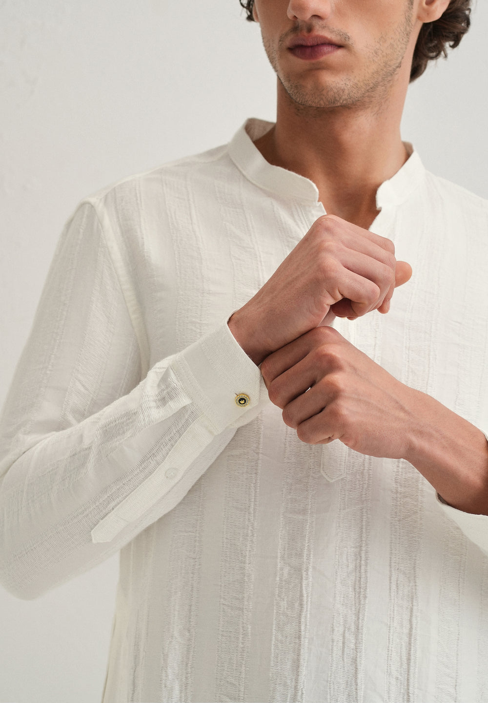 White Textured Vertical Stripe Kurta