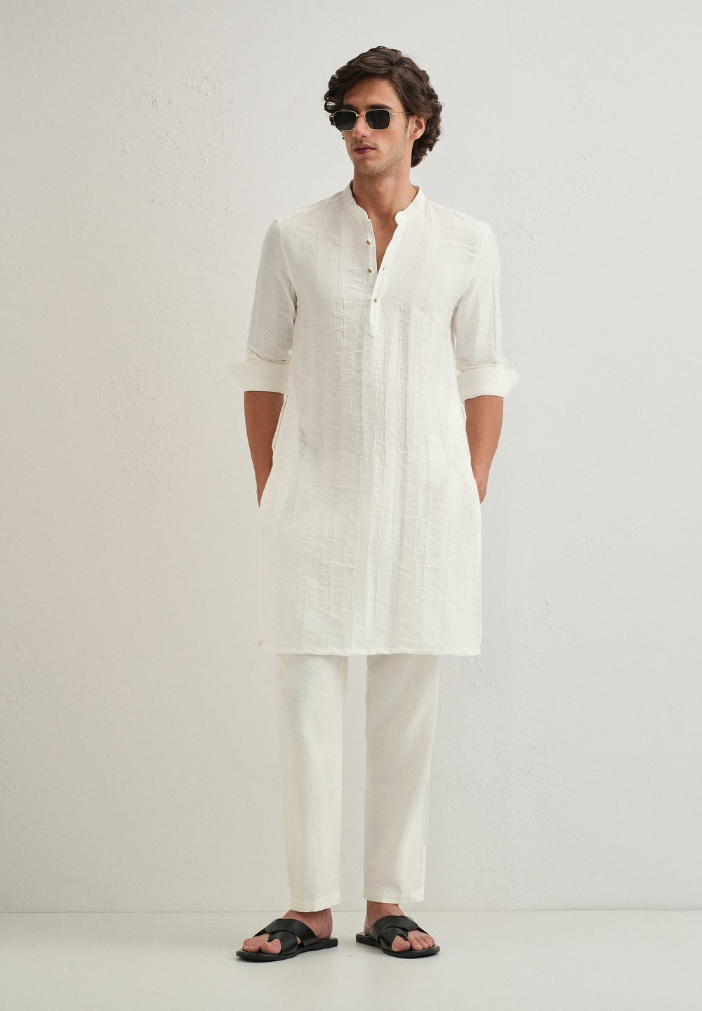White Textured Vertical Stripe Kurta