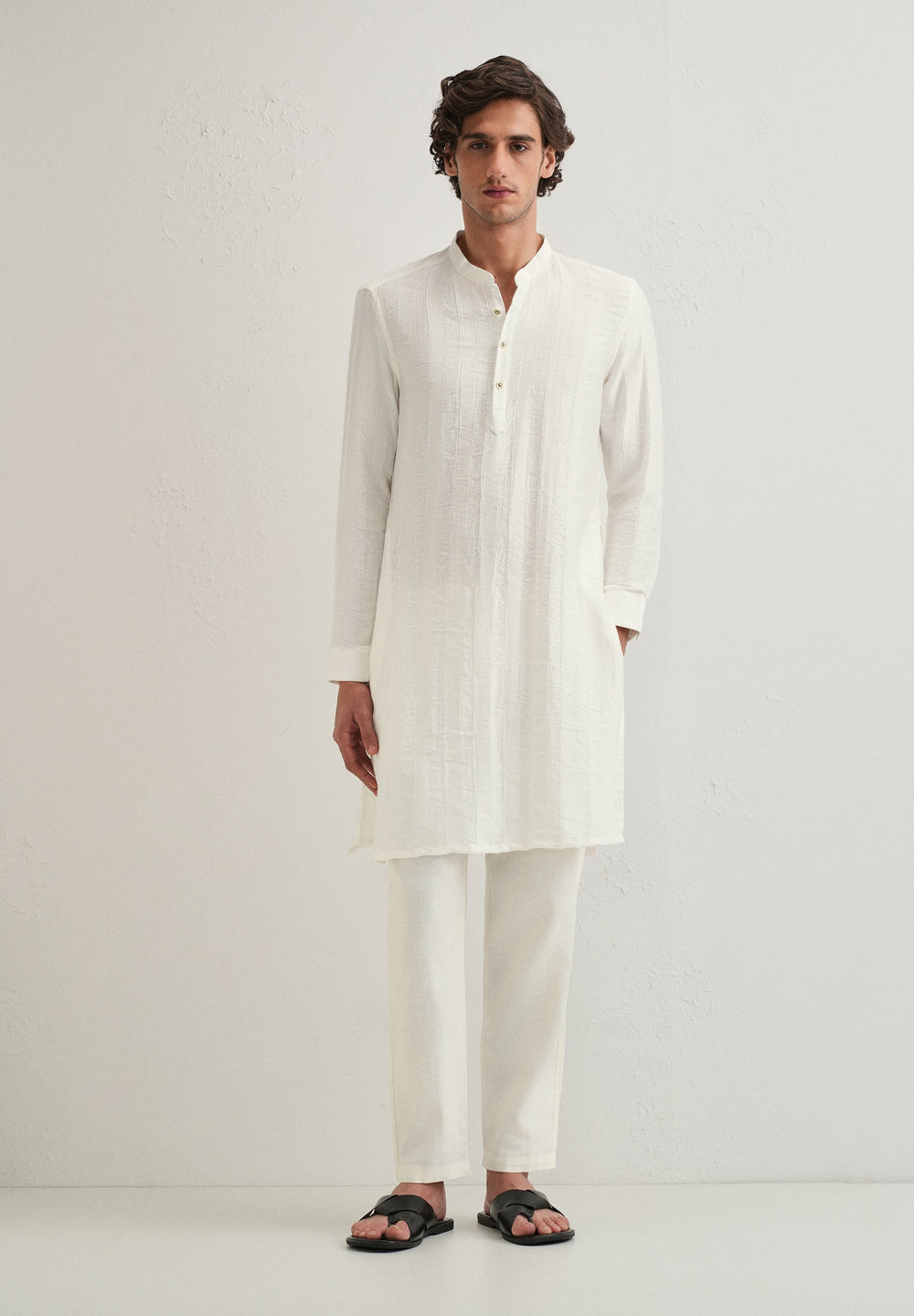 White Textured Vertical Stripe Kurta