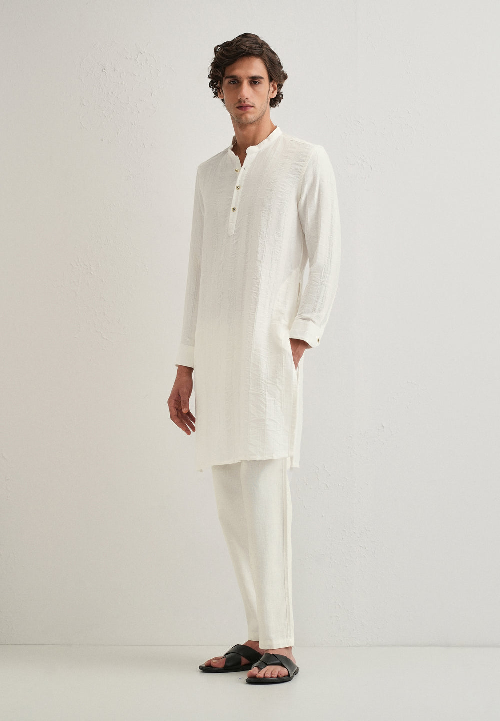 White Textured Vertical Stripe Kurta