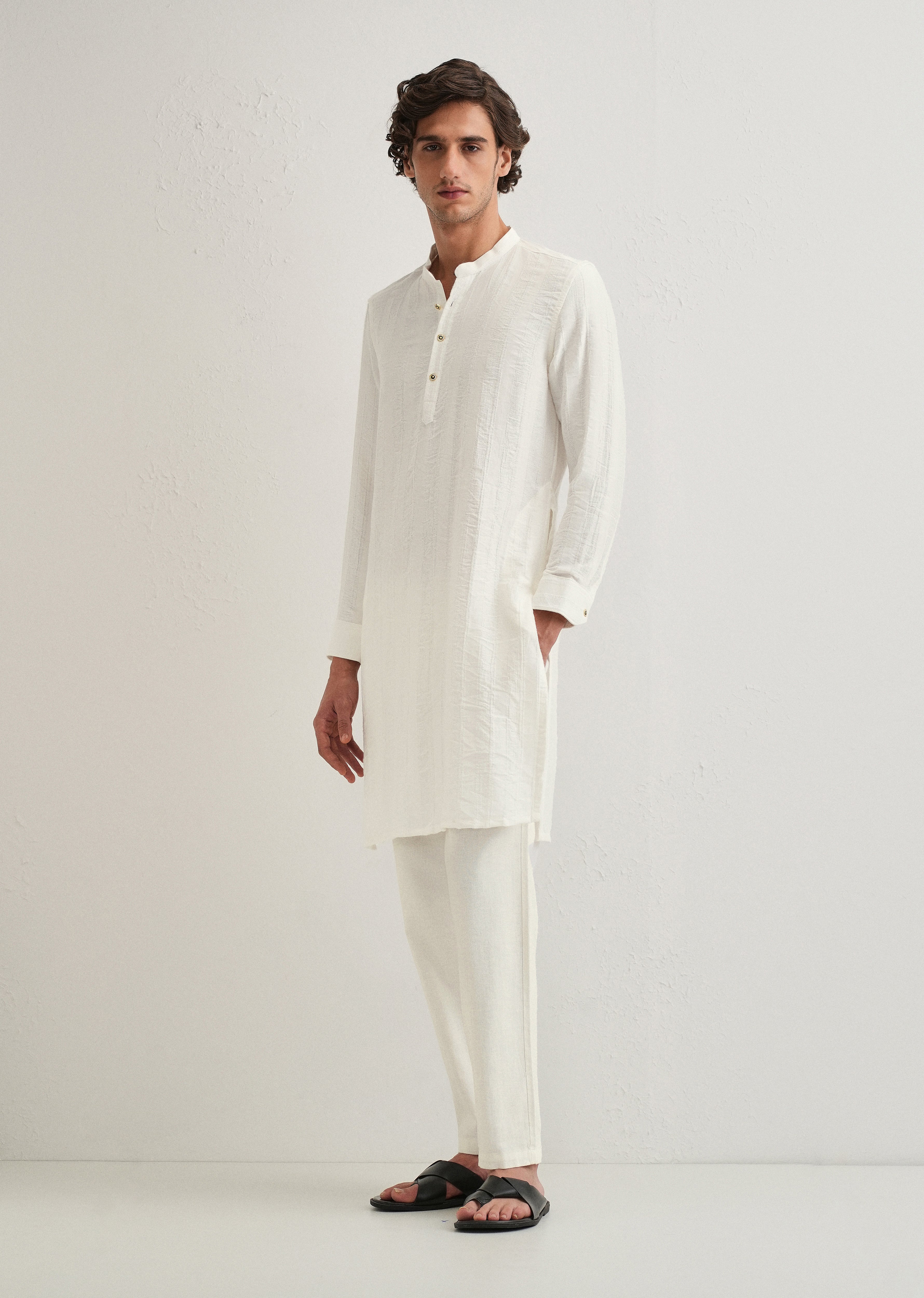 White Textured Vertical Stripe Kurta