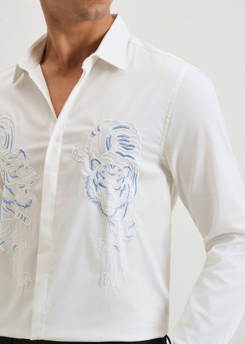 White Tiger Embroidered Designer Shirt