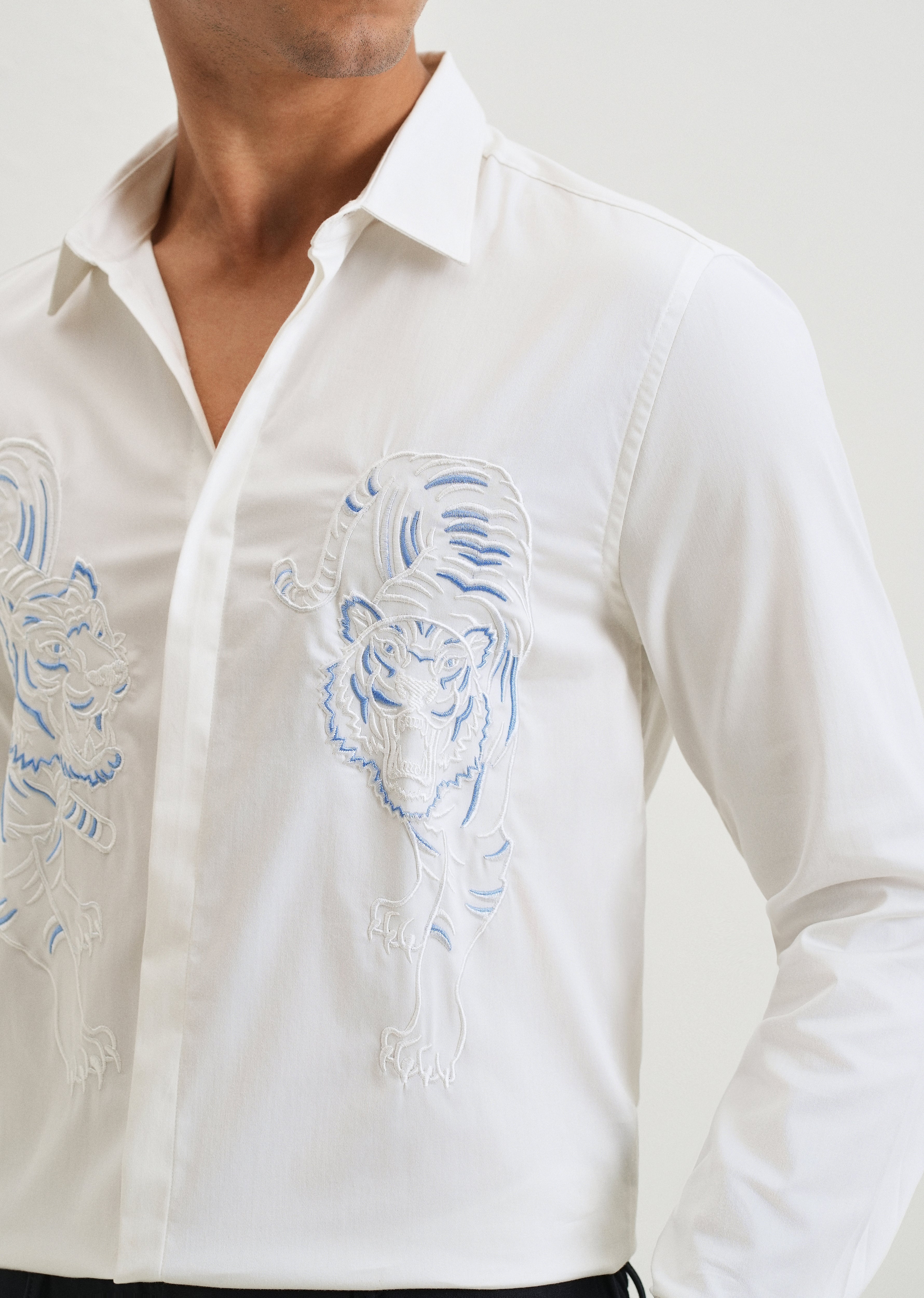 White Tiger Embroidered Designer Shirt