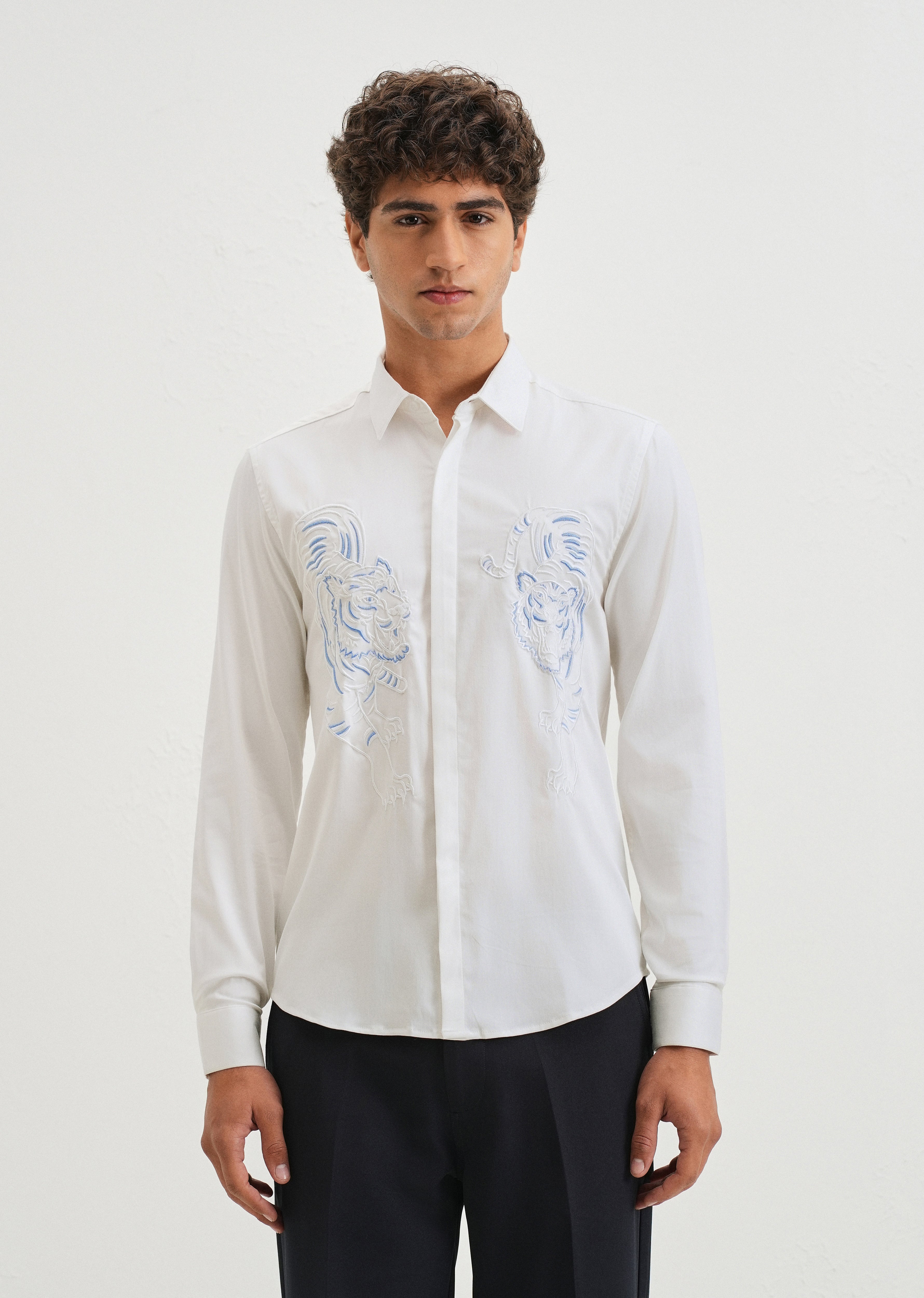 White Tiger Embroidered Designer Shirt