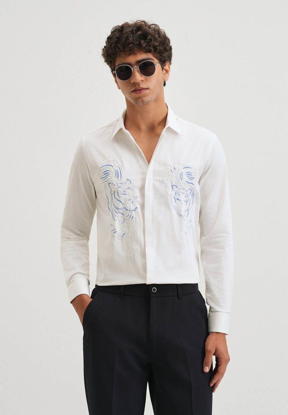 White Tiger Embroidered Designer Shirt