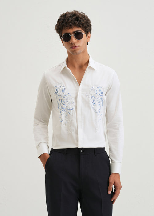 White Tiger Embroidered Designer Shirt