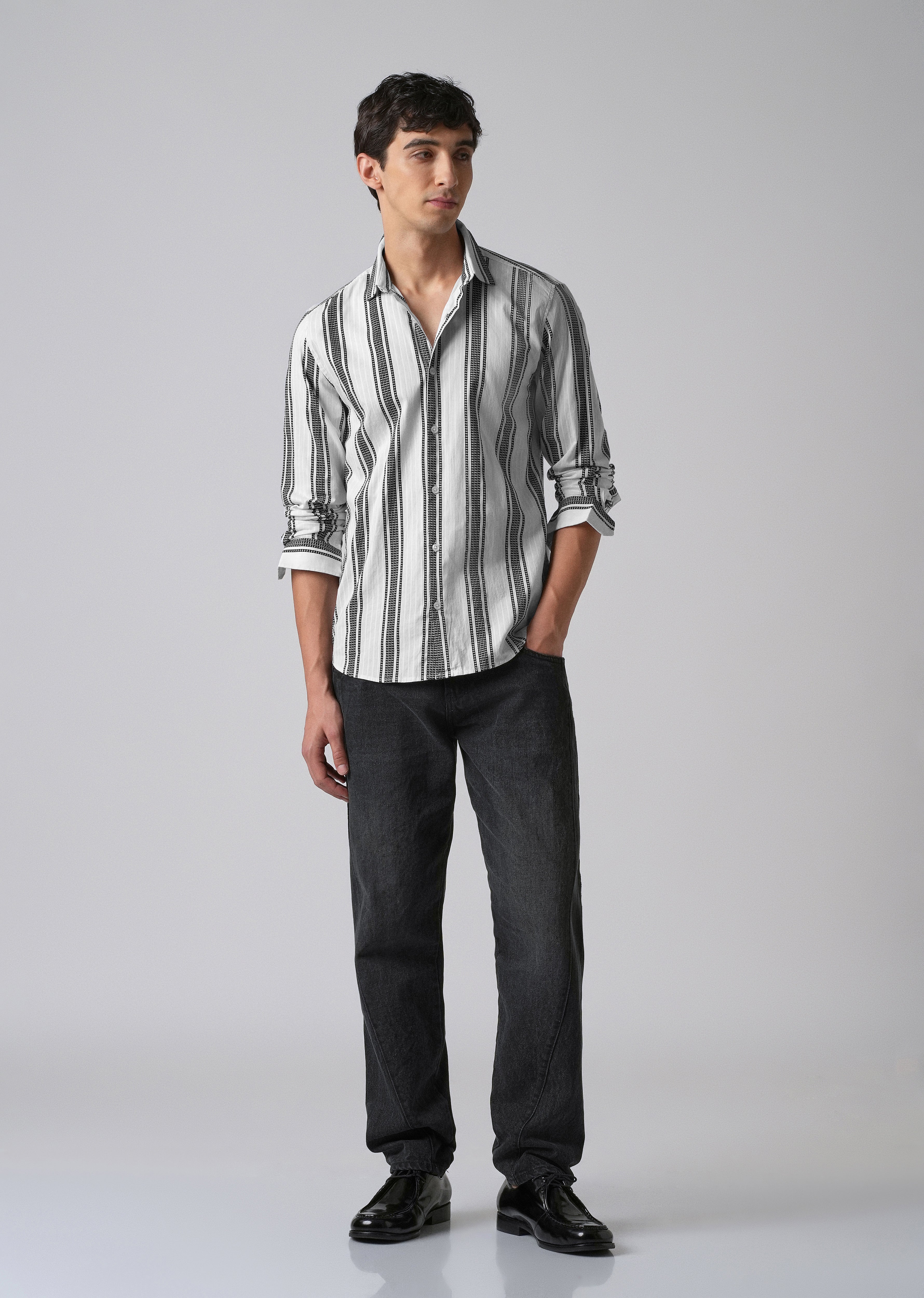 White Vertical Stripe Cotton/Linen Shirt