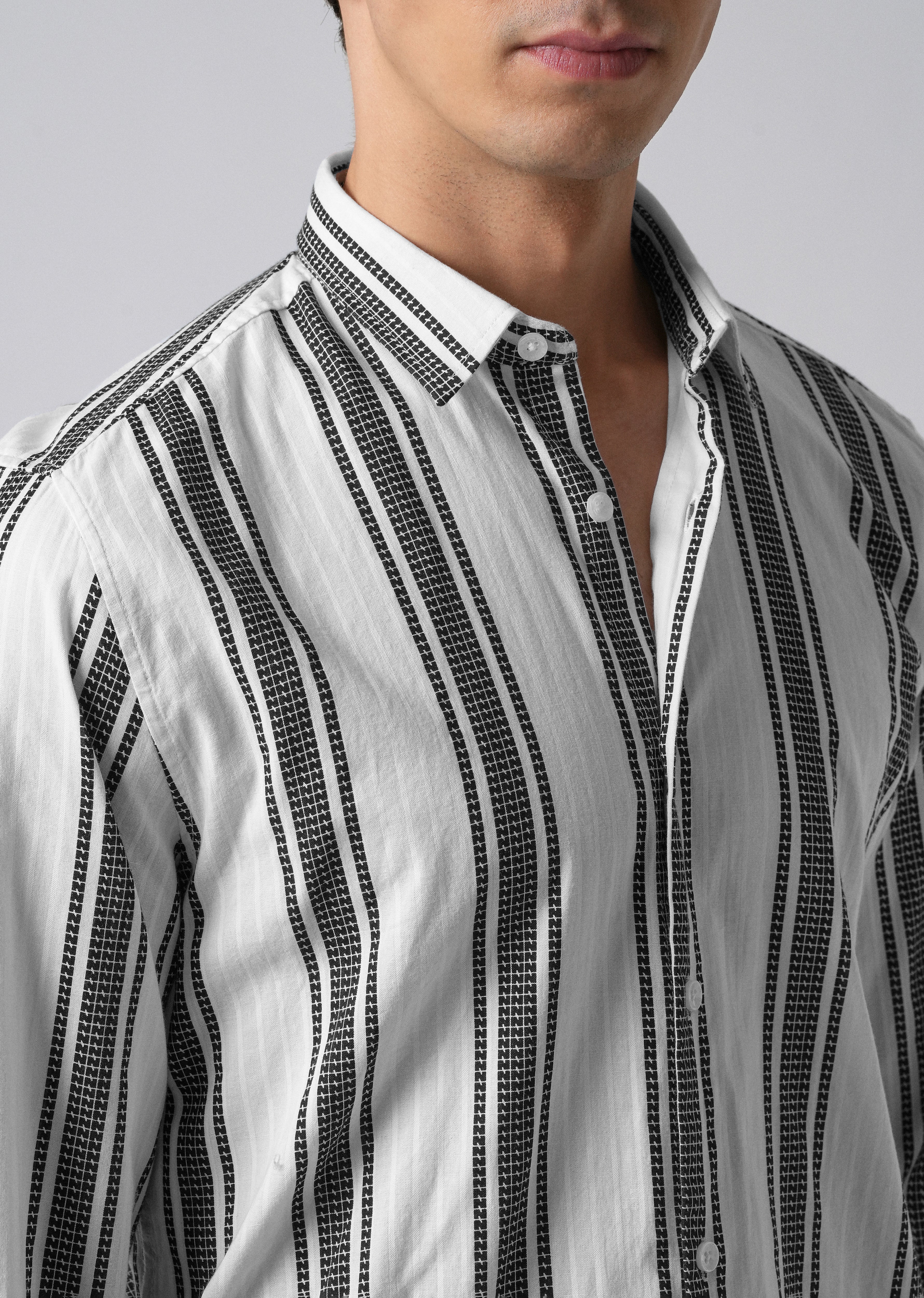 White Vertical Stripe Cotton/Linen Shirt