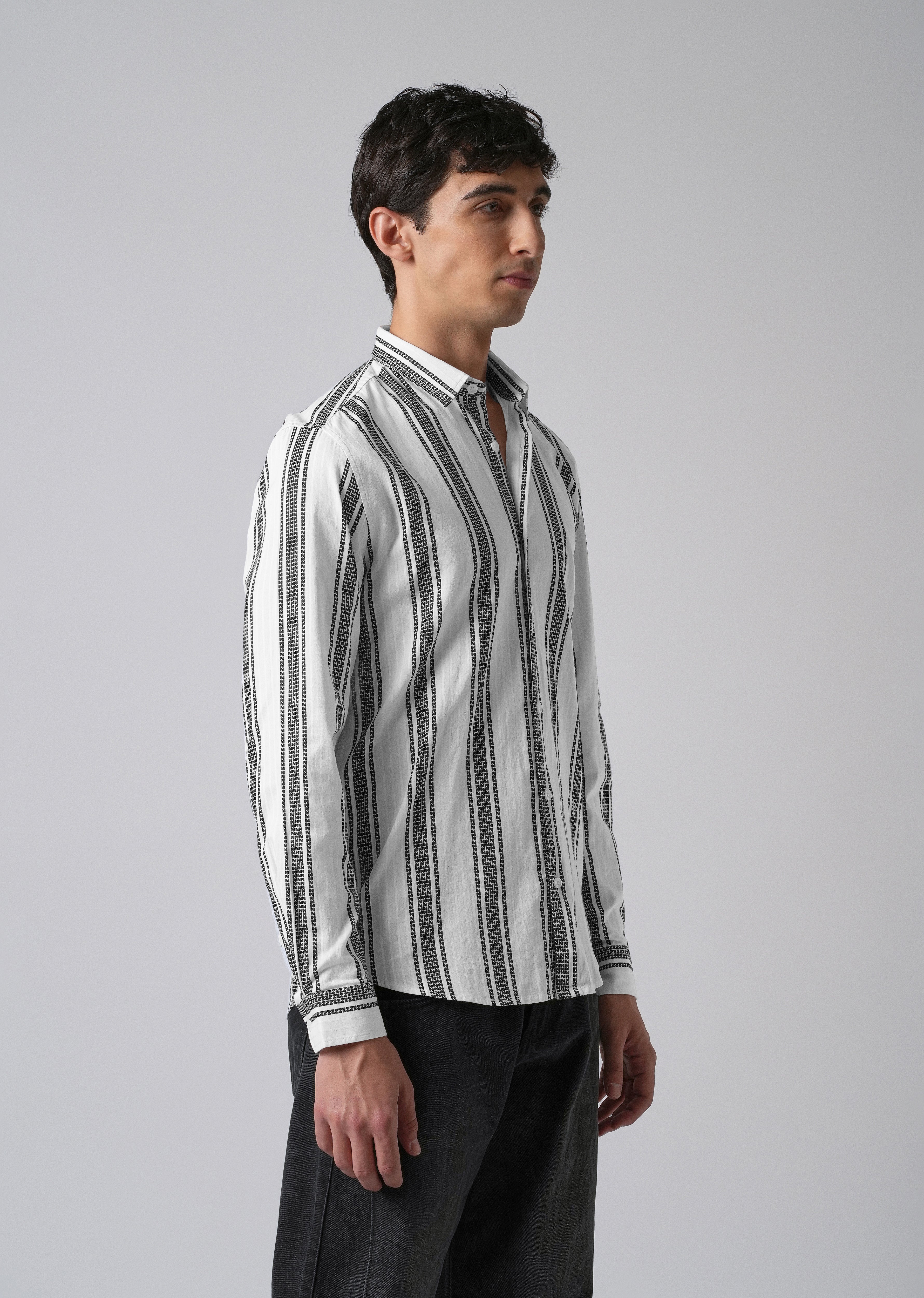White Vertical Stripe Cotton/Linen Shirt