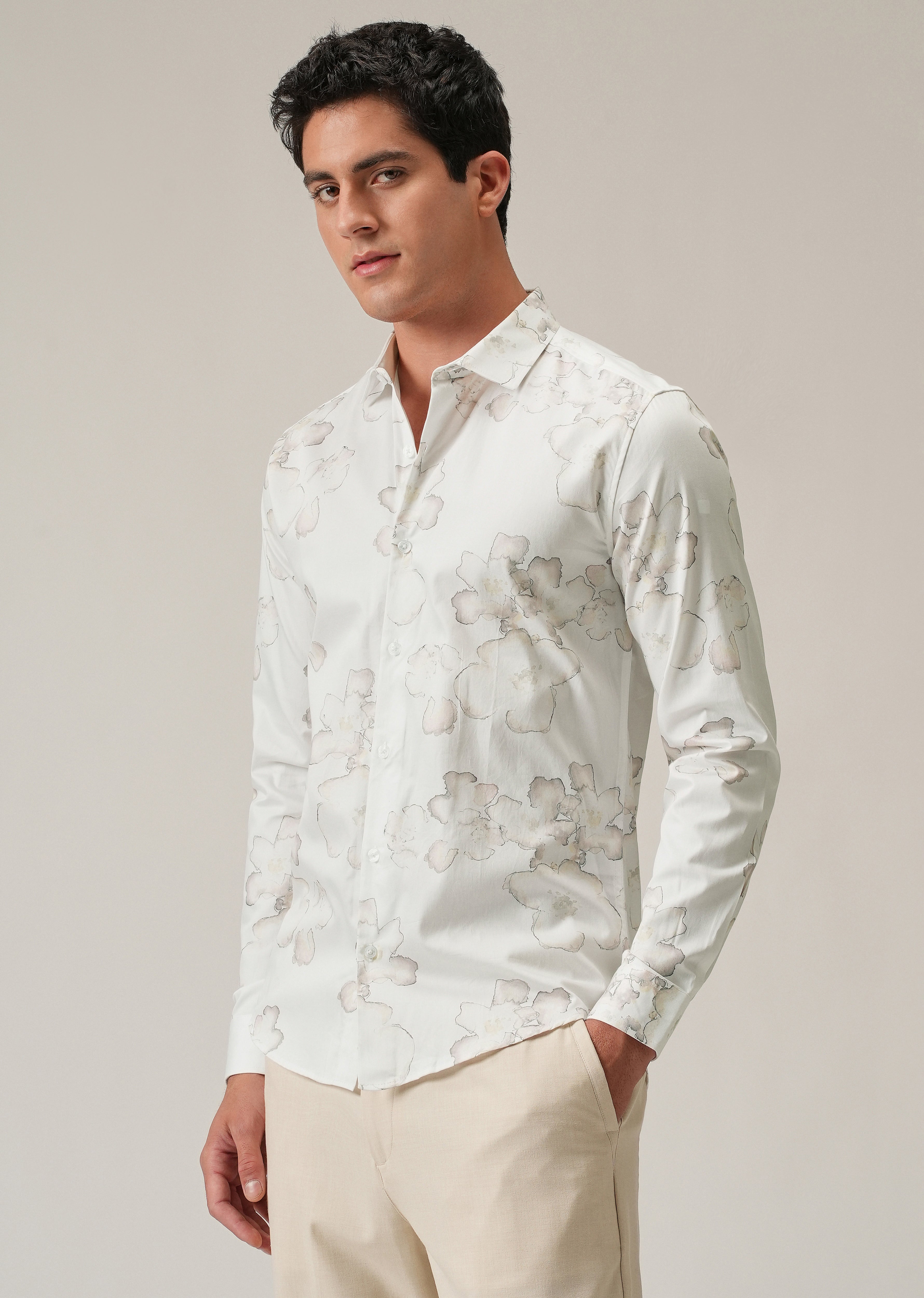 White Watercolour Flora Print Shirt
