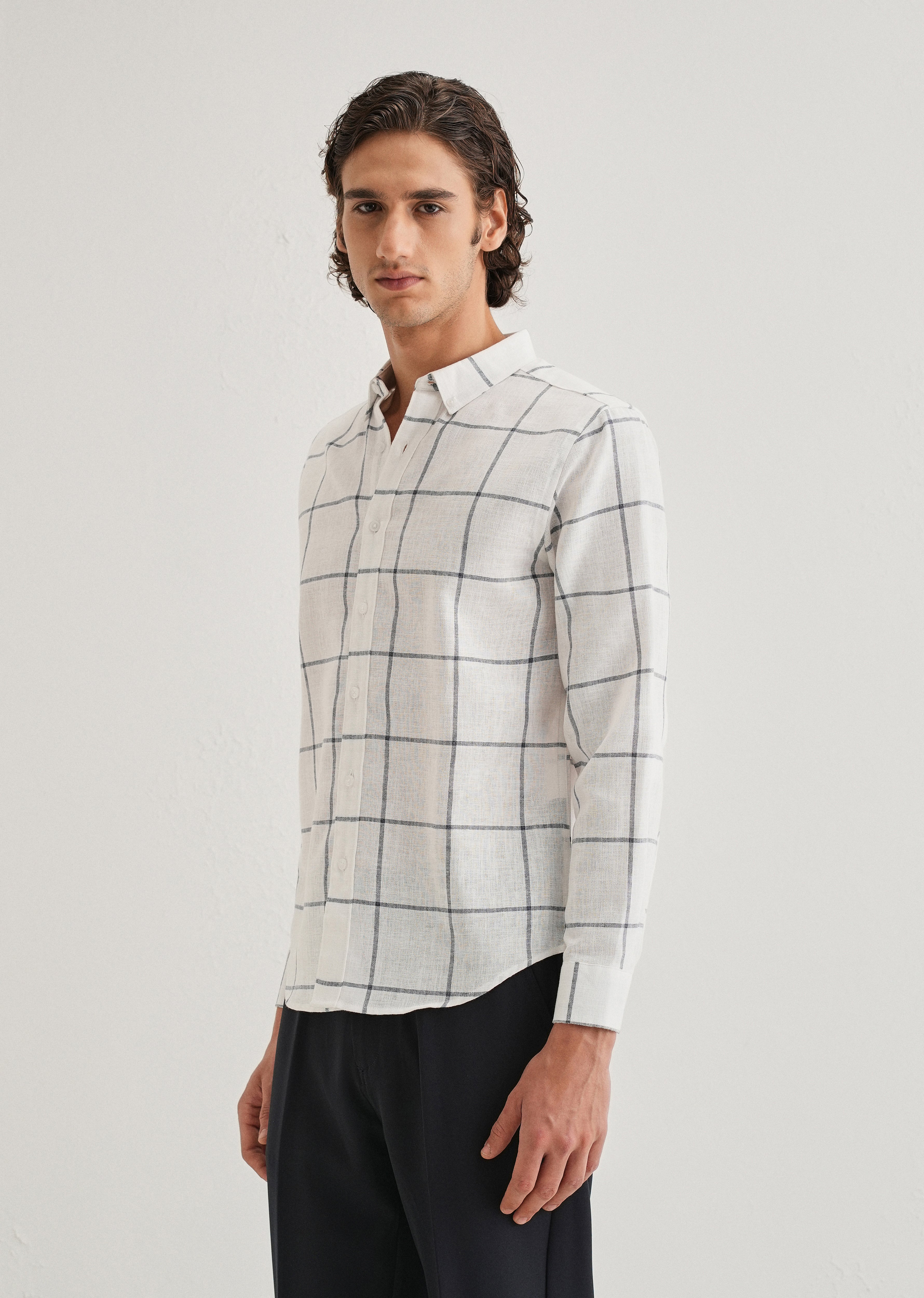 White Windowpane Check Blended Linen Shirt
