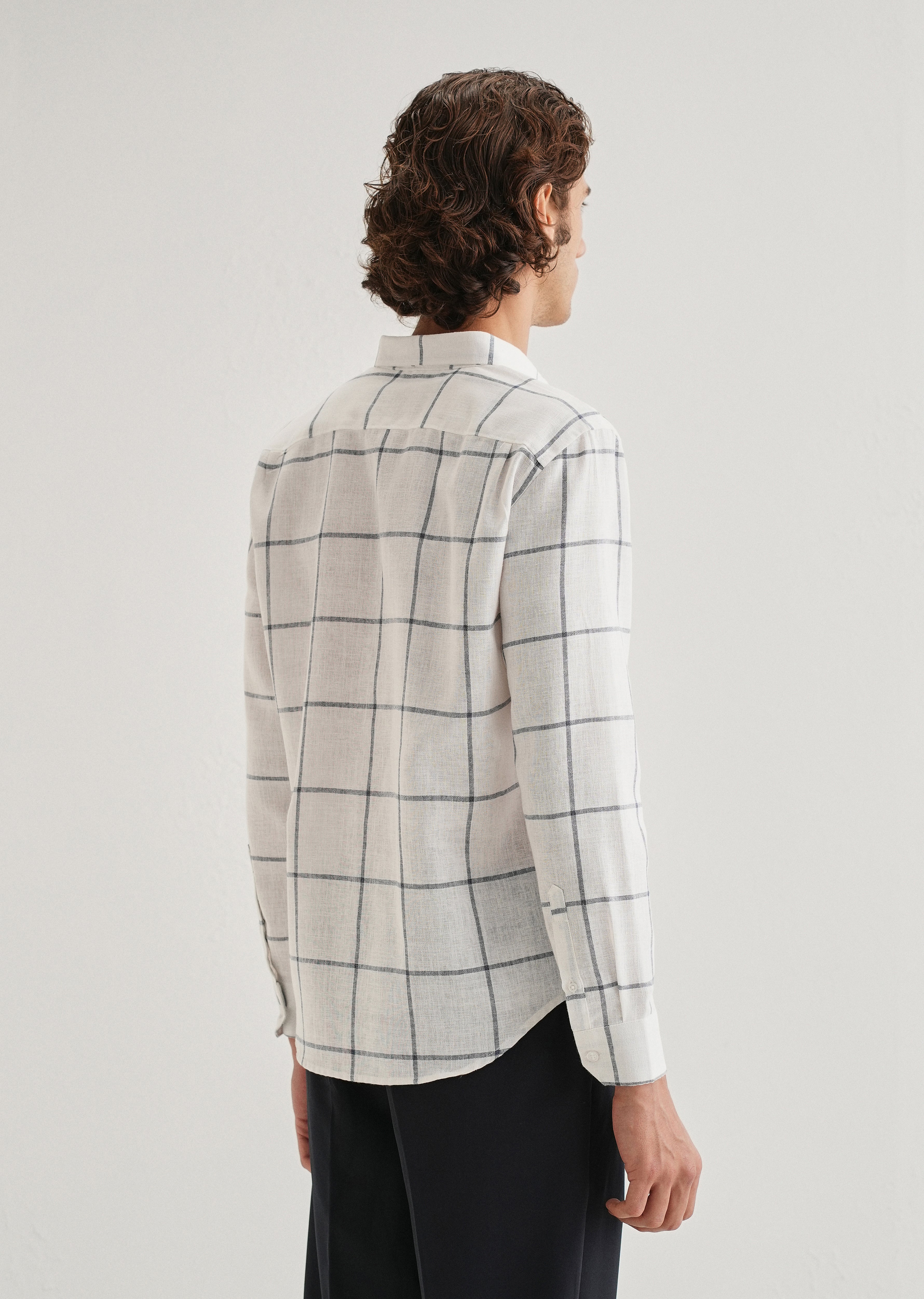 White Windowpane Check Blended Linen Shirt