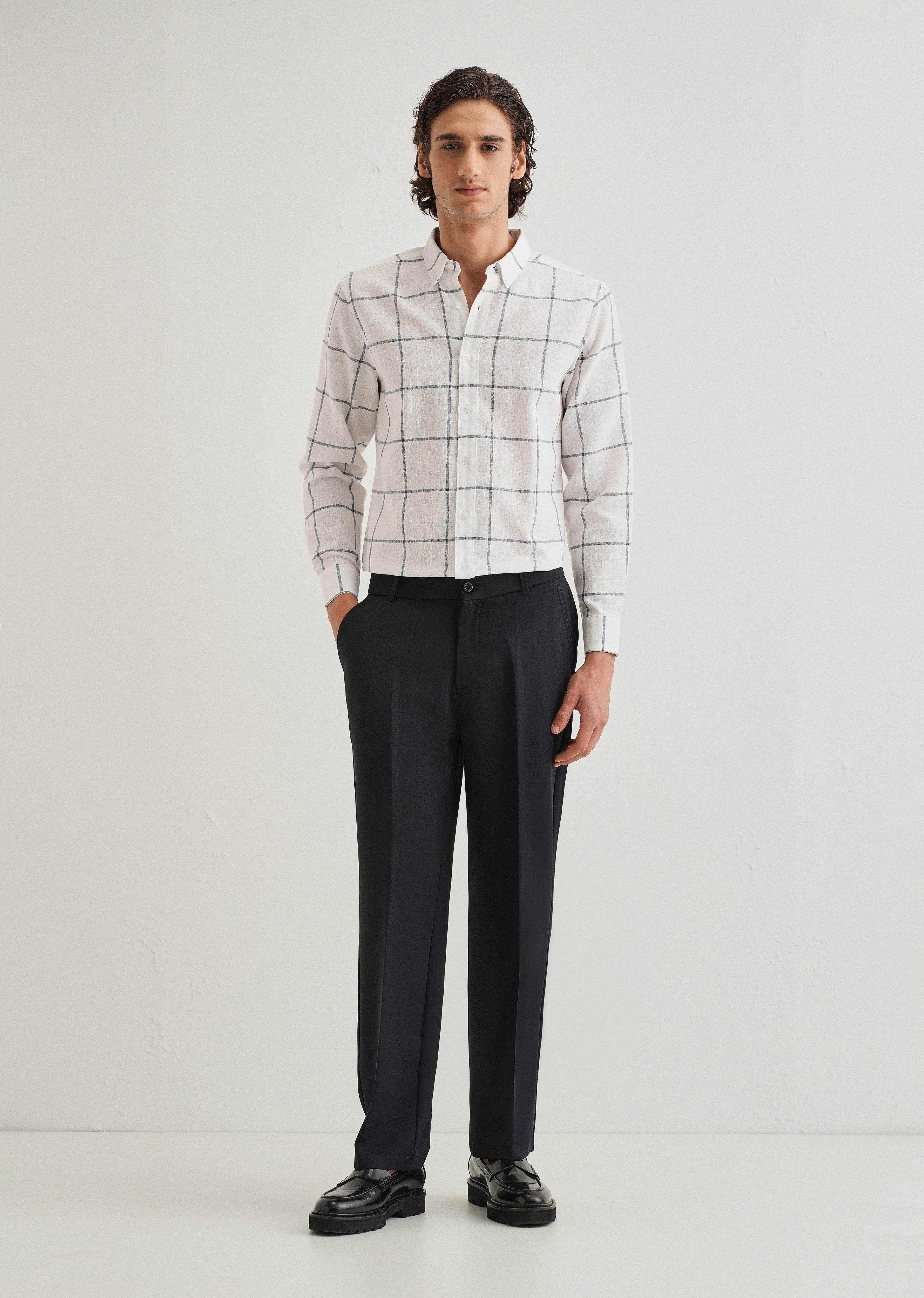 White Windowpane Check Blended Linen Shirt