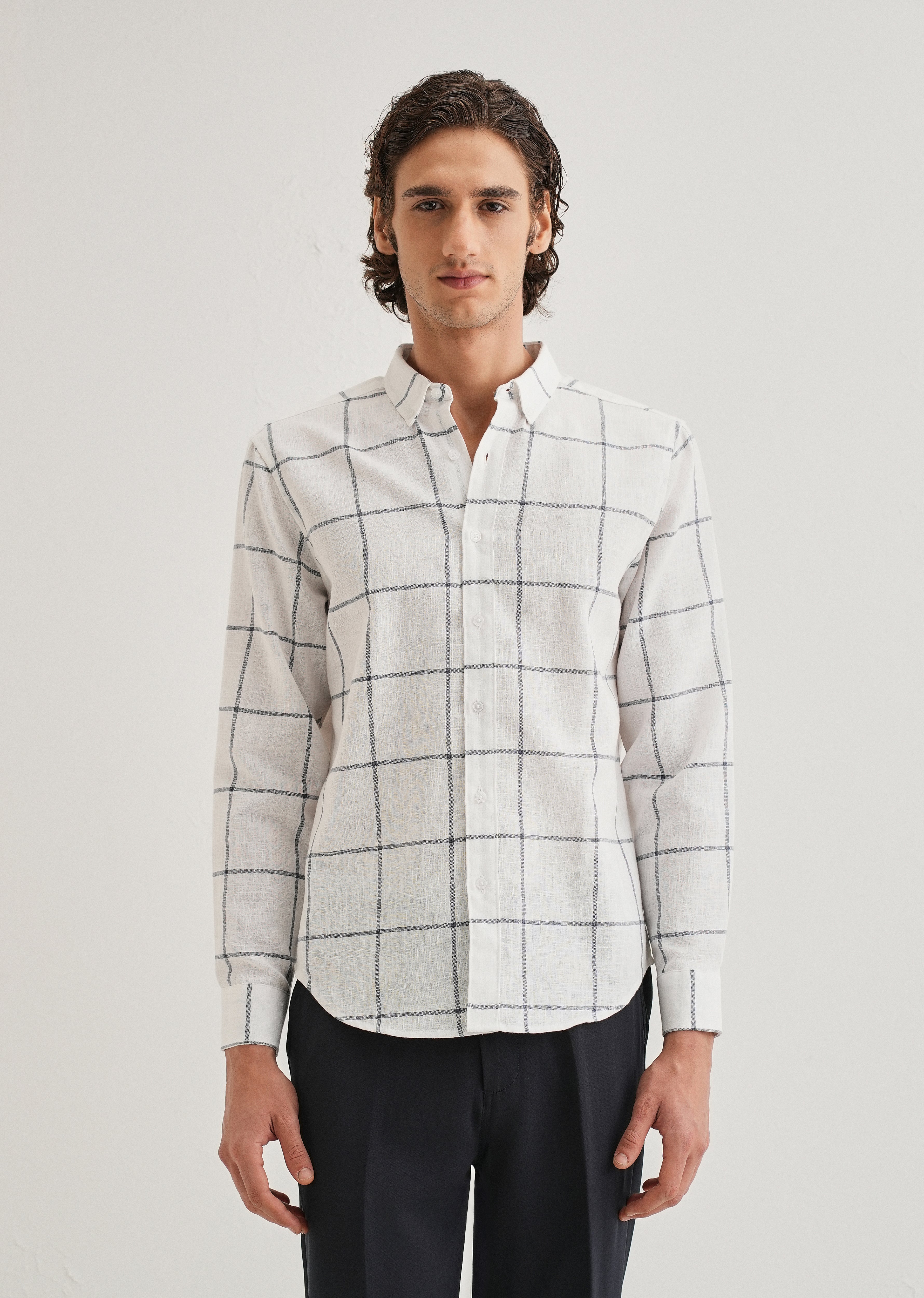White Windowpane Check Blended Linen Shirt