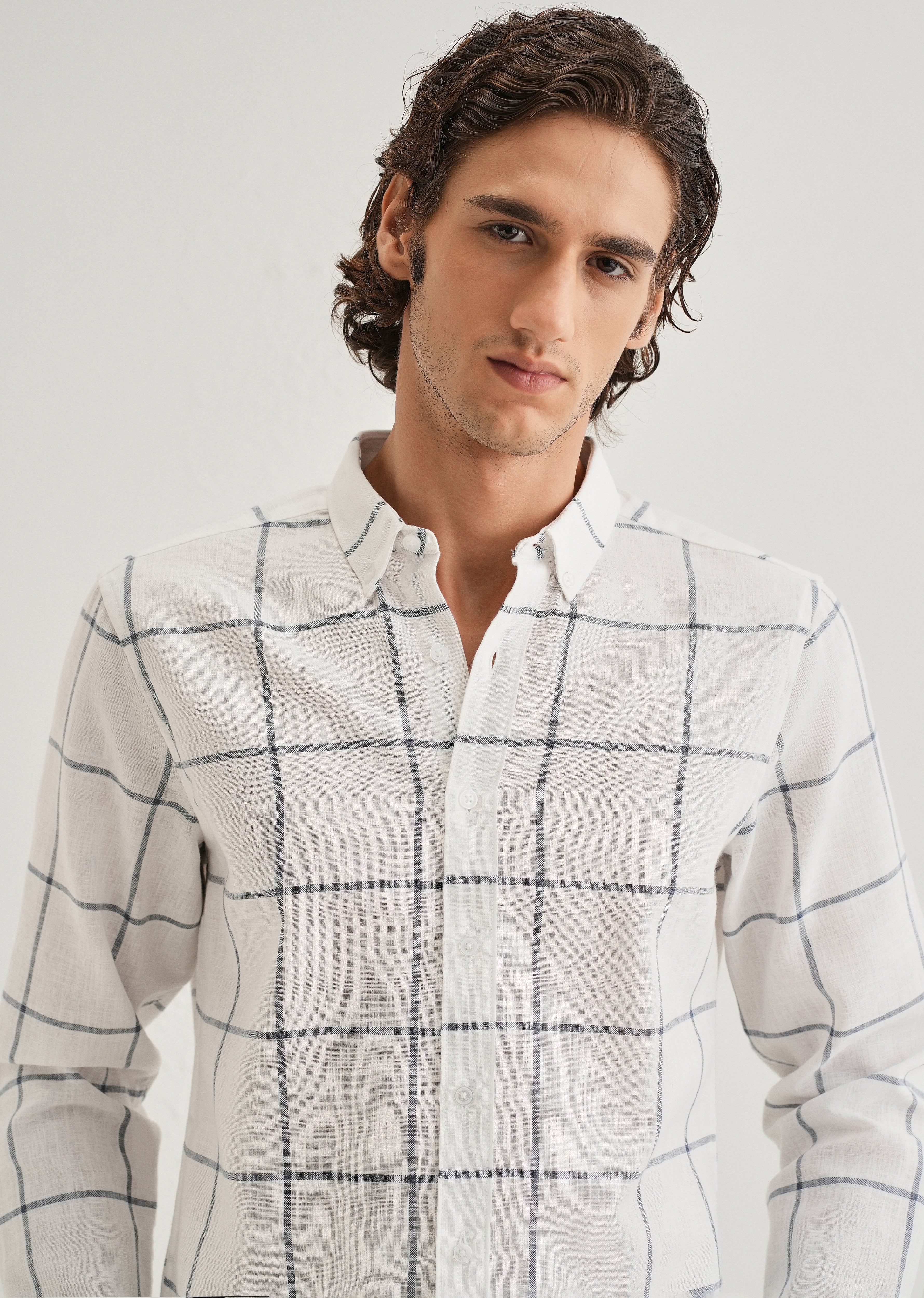 White Windowpane Check Blended Linen Shirt