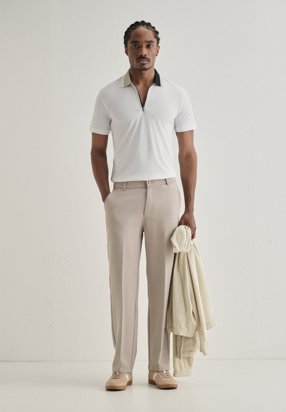 White Zipper Polo Collar Seamless T-shirt