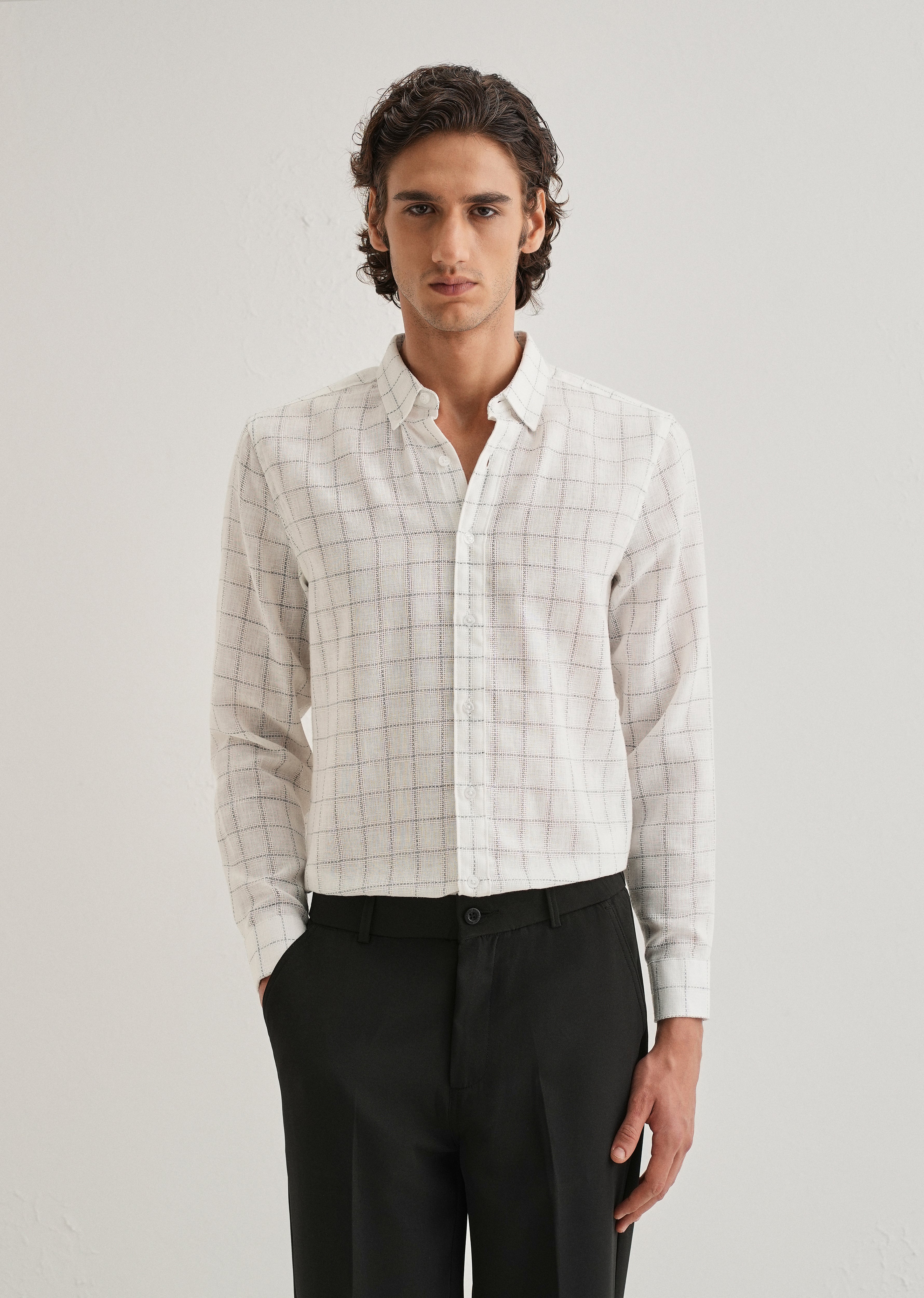 White Check Blended Linen Shirt