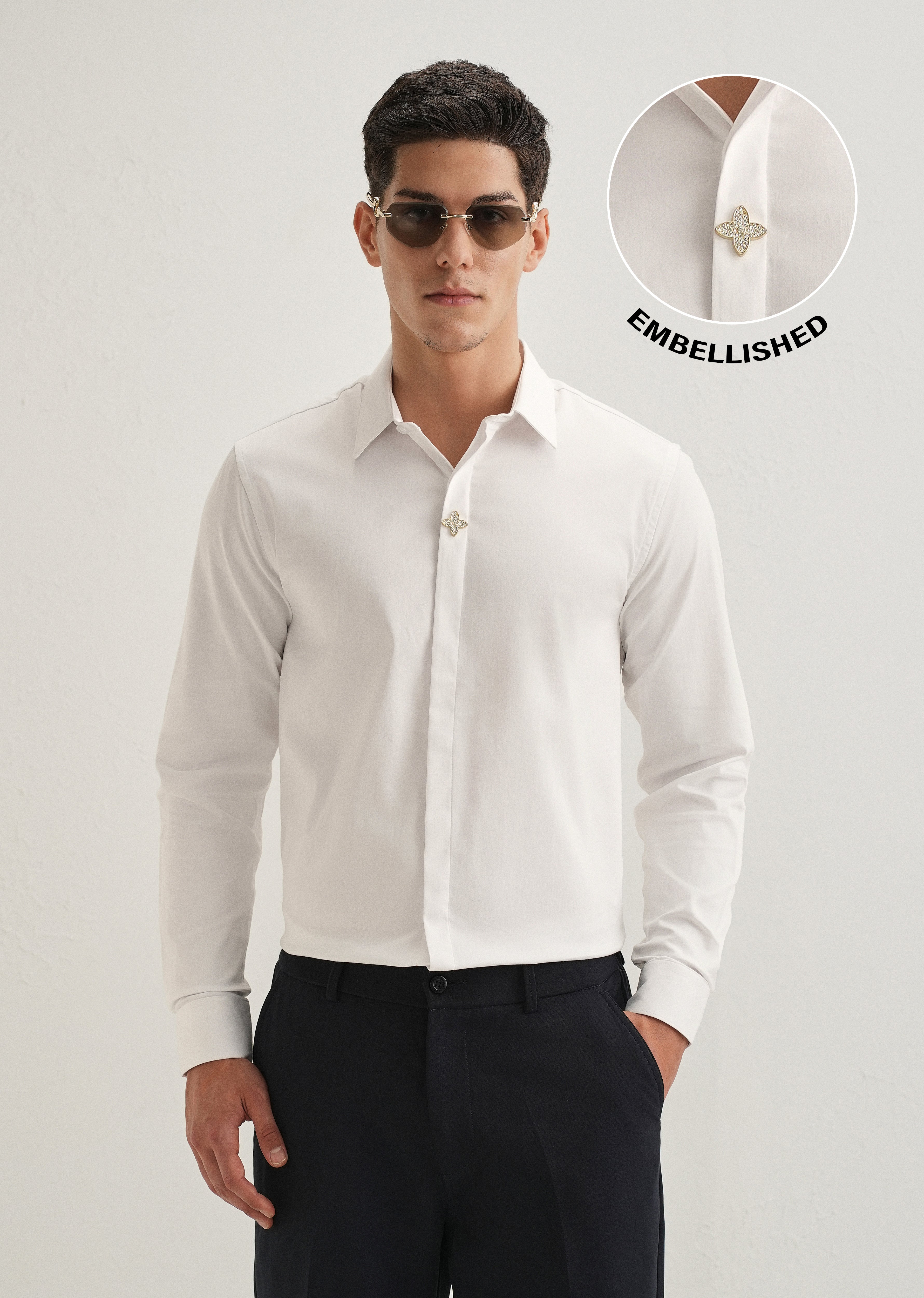 White Crystal Flower Designer Shirt