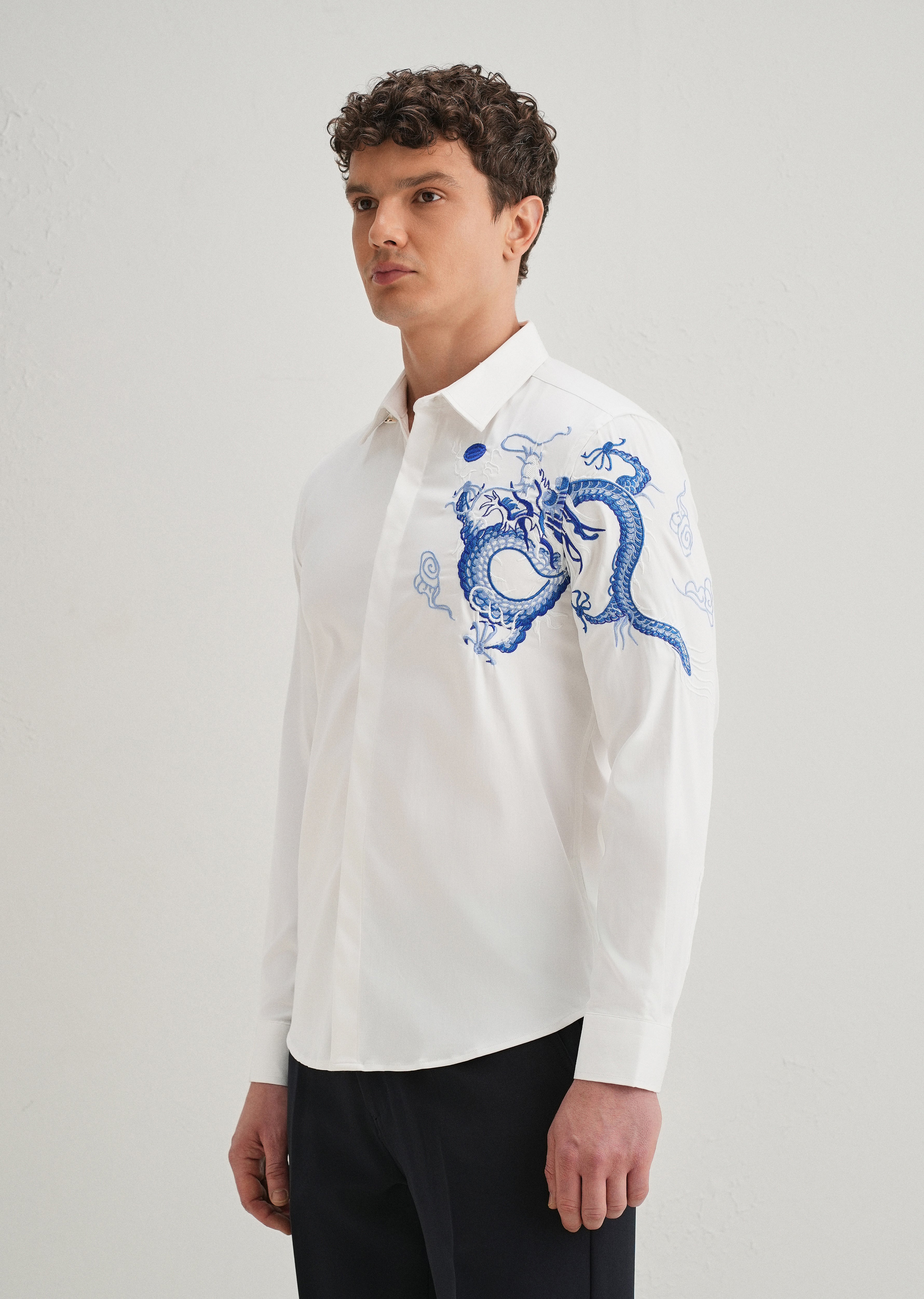 White Dragon Embroidery Shirt