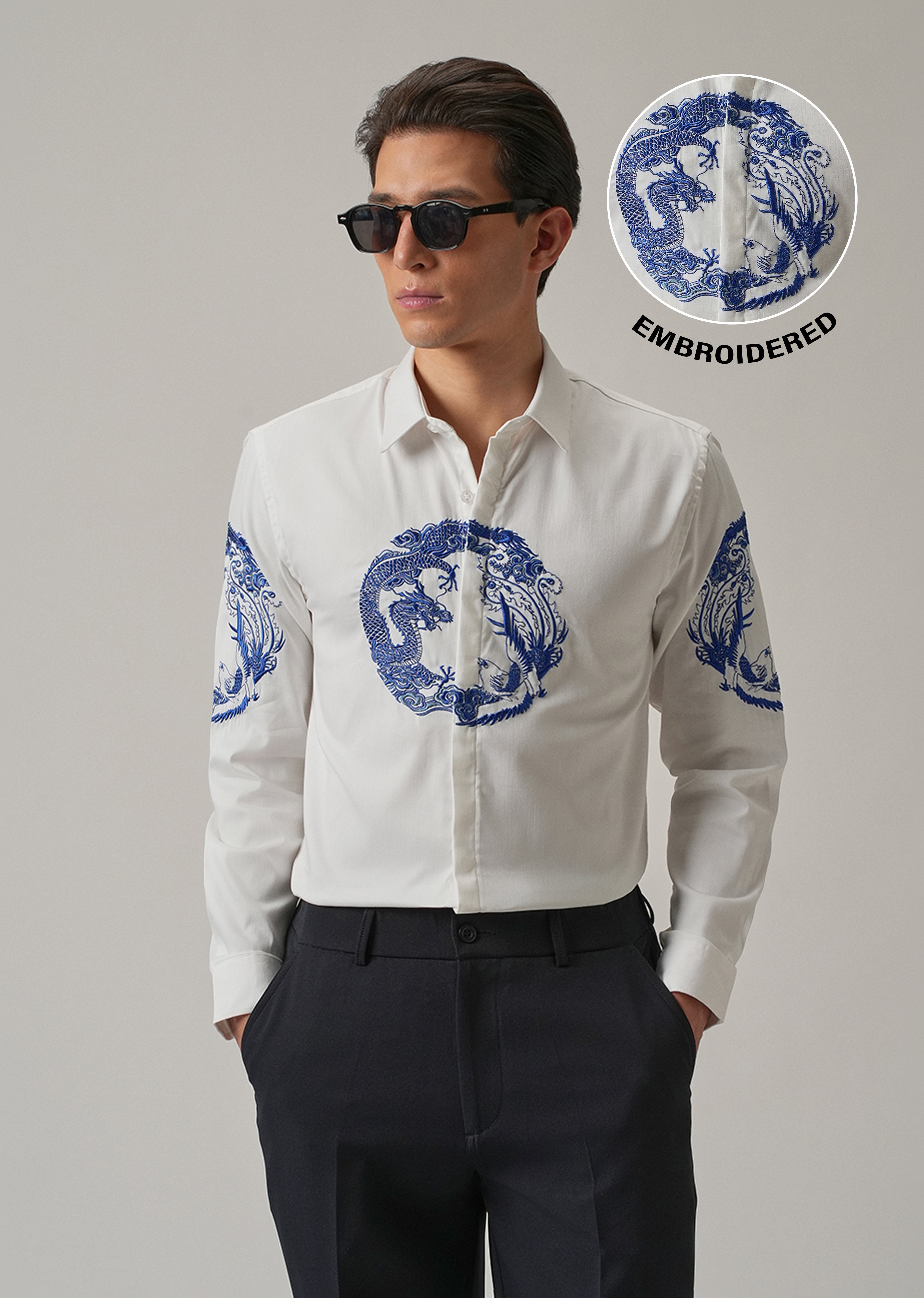 White Dragon and Phoenix Embroidery Designer Shirt