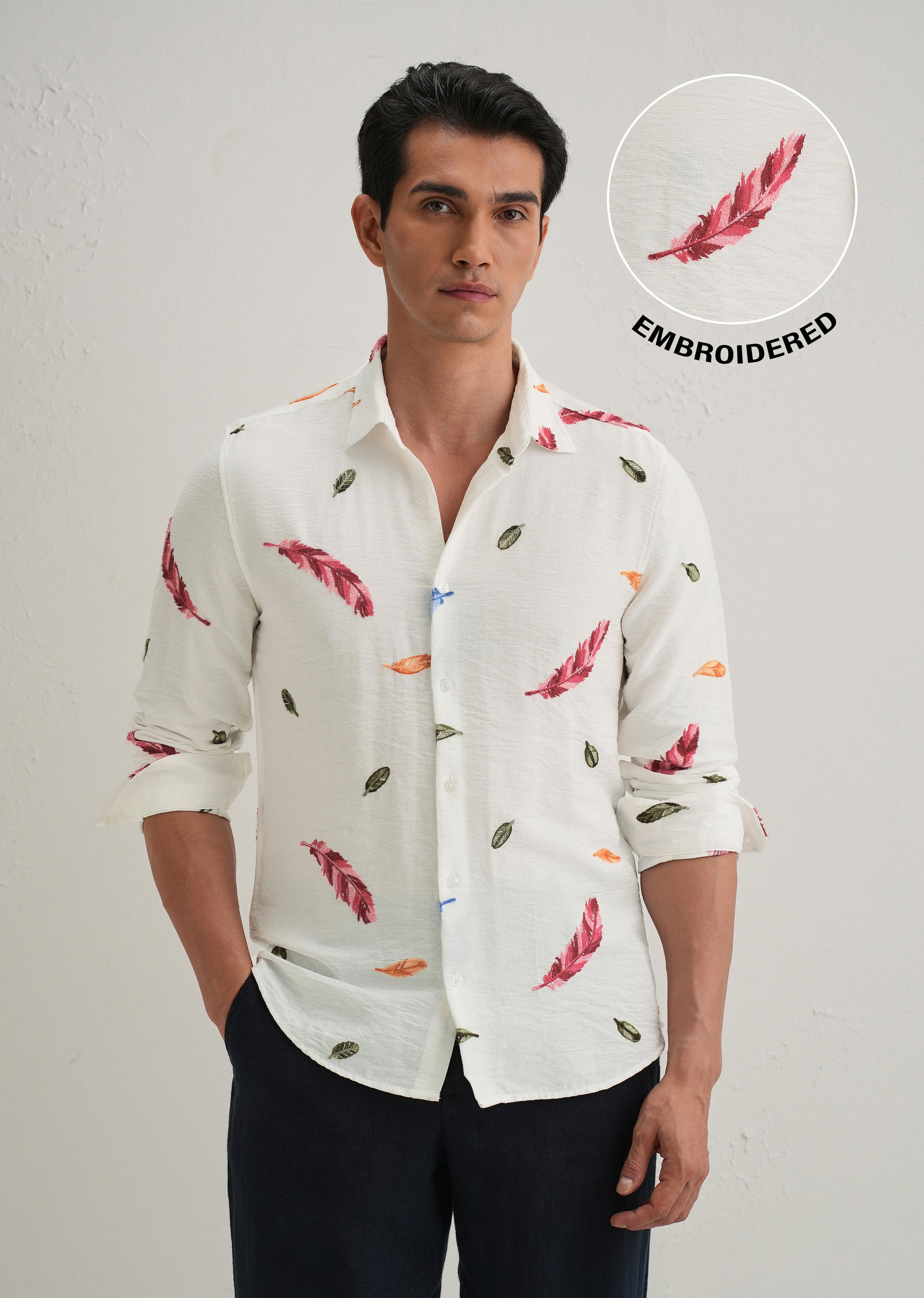 White Feather Leaf Embroidery Shirt