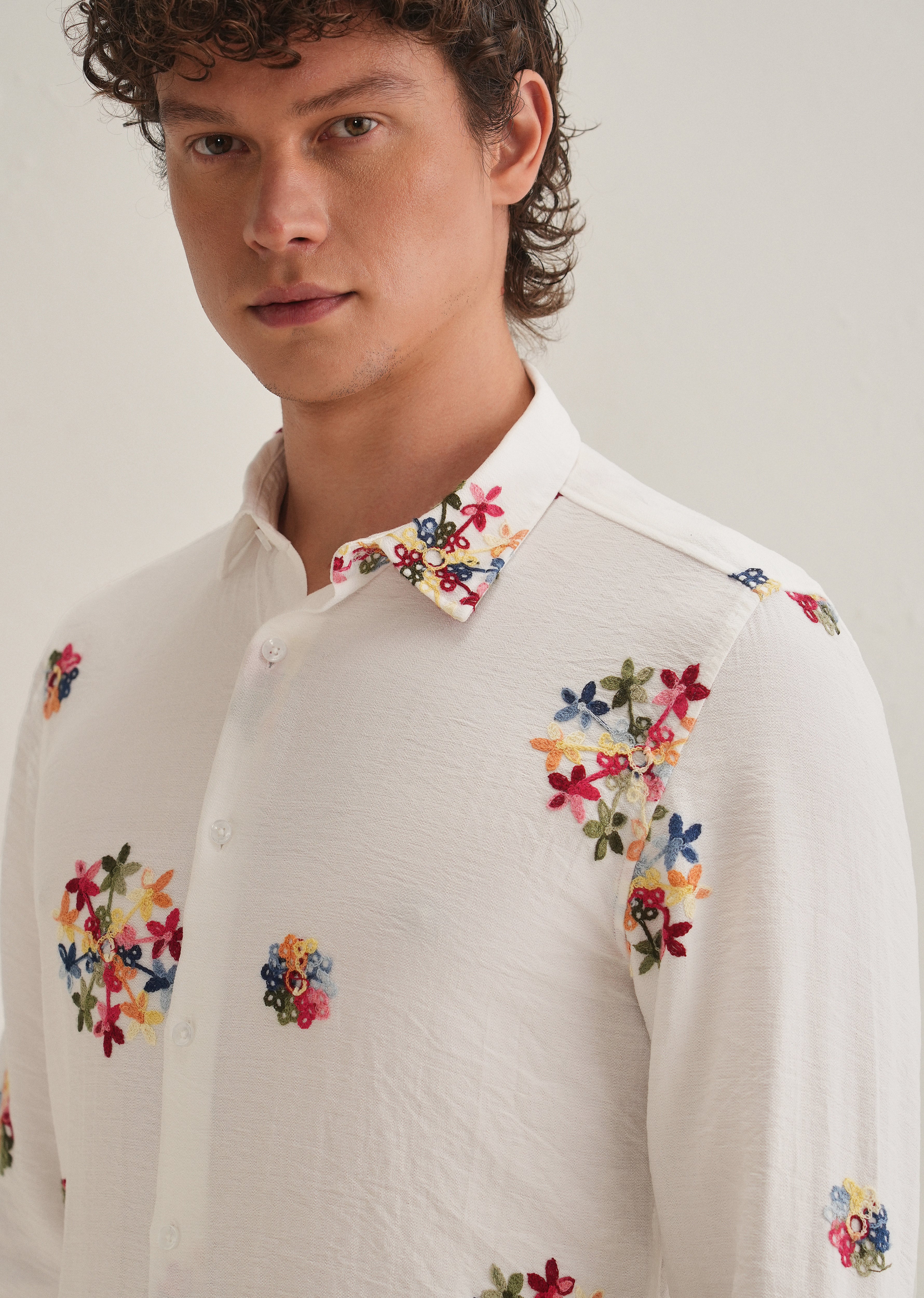 White Floral Embroidered Shirt