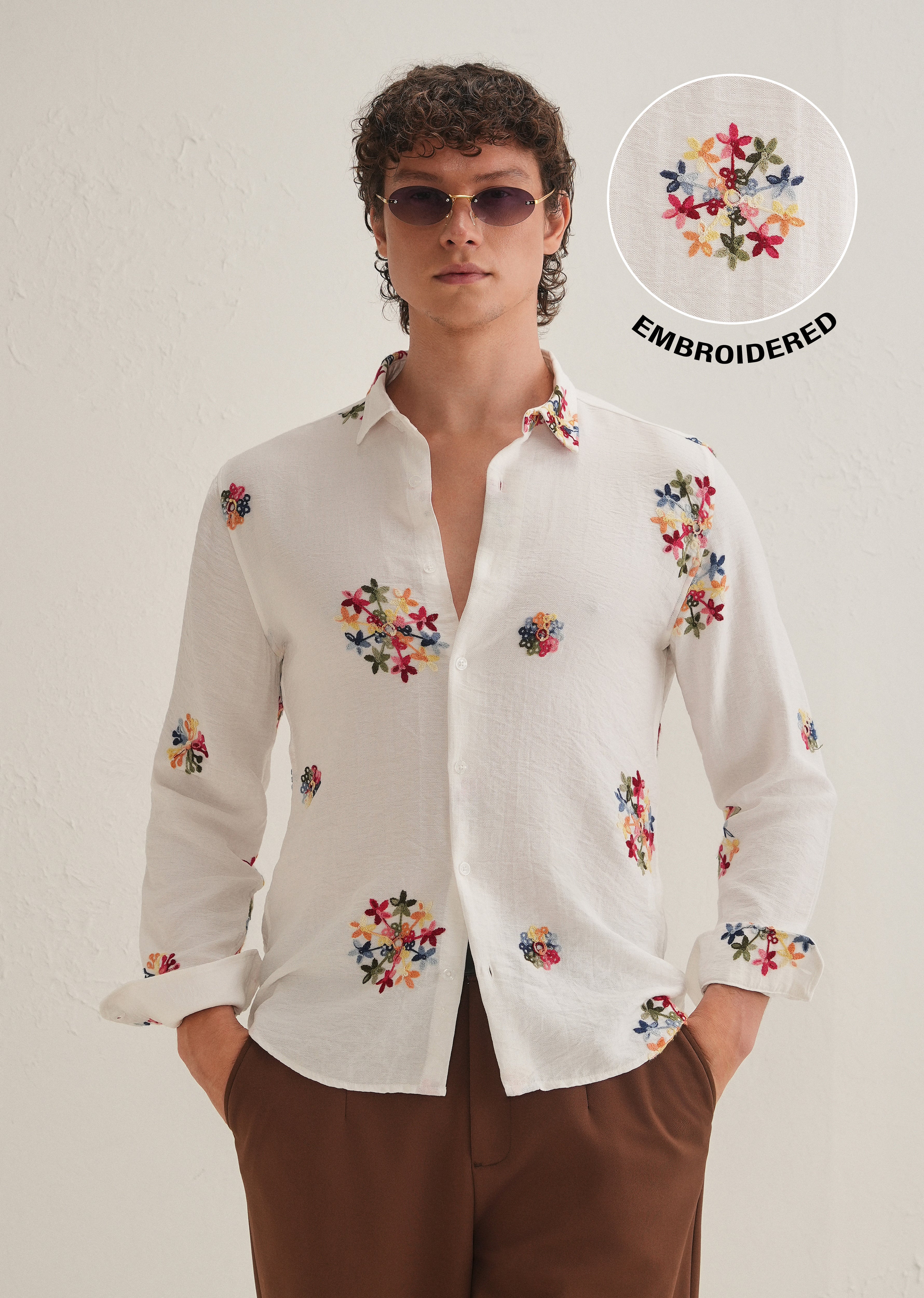 White Floral Embroidered Shirt