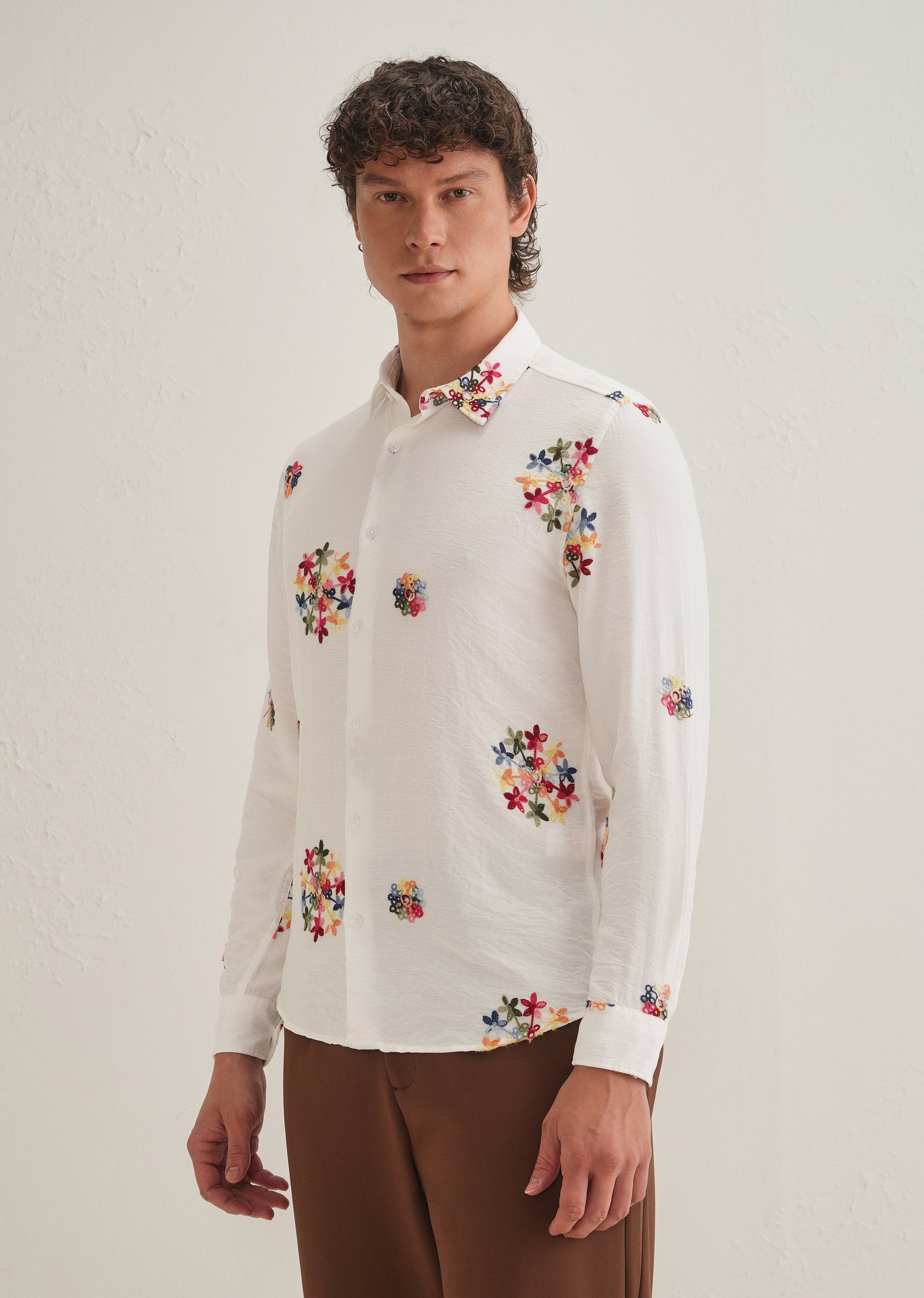 White Floral Embroidered Shirt