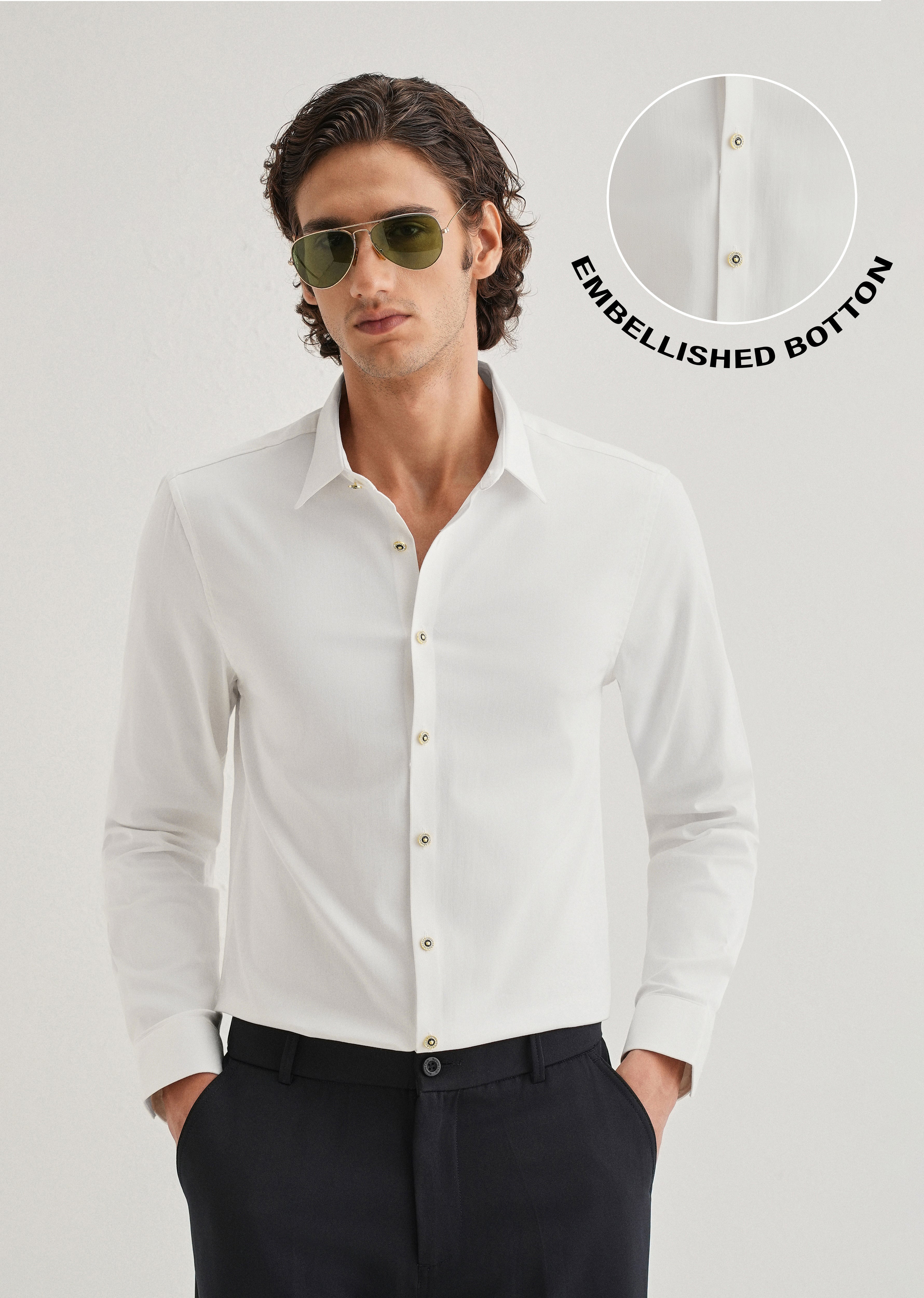 White Glossy Gold Embellished Button Shirt