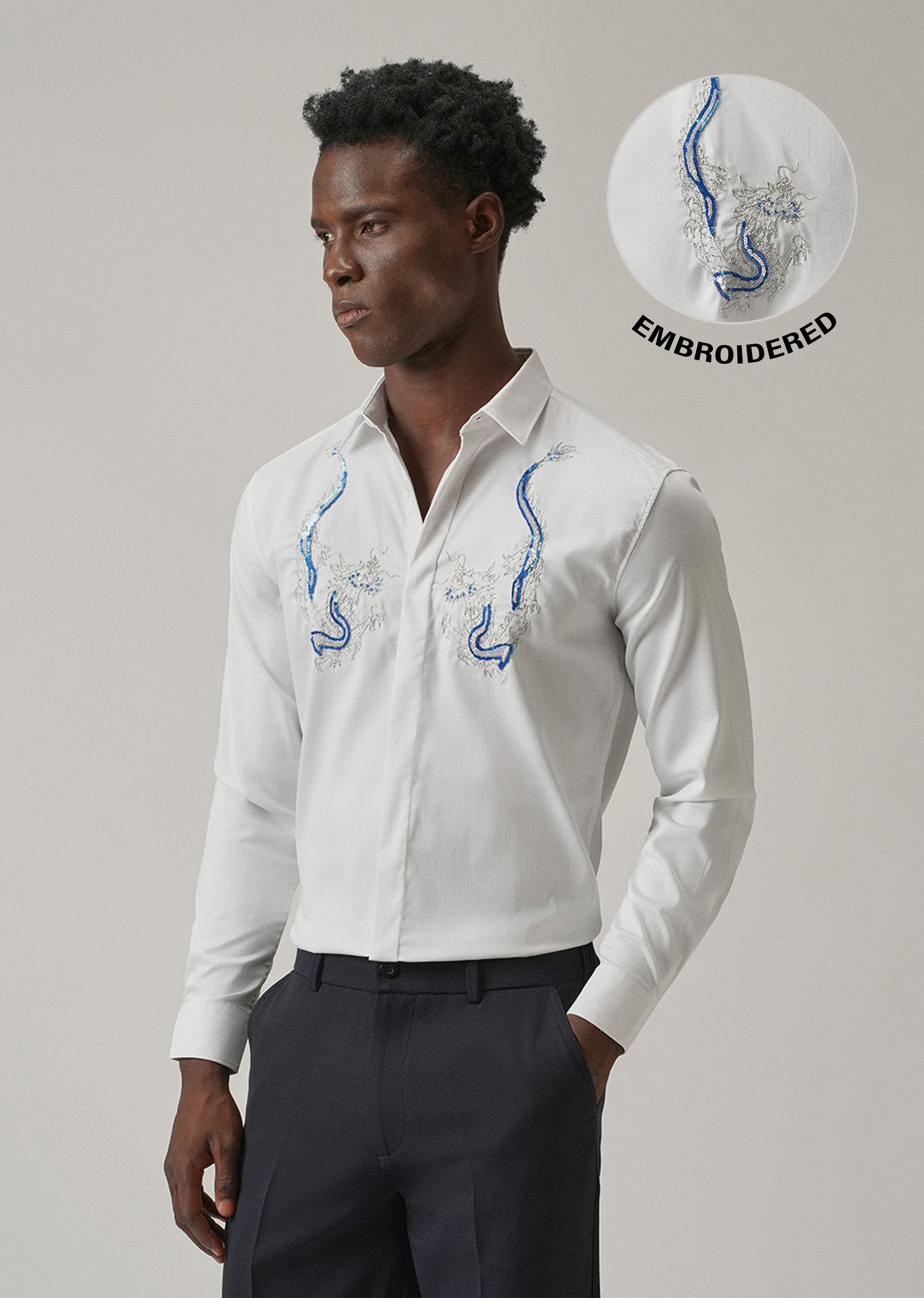 White Handcrafted Dragon Designer Shirt