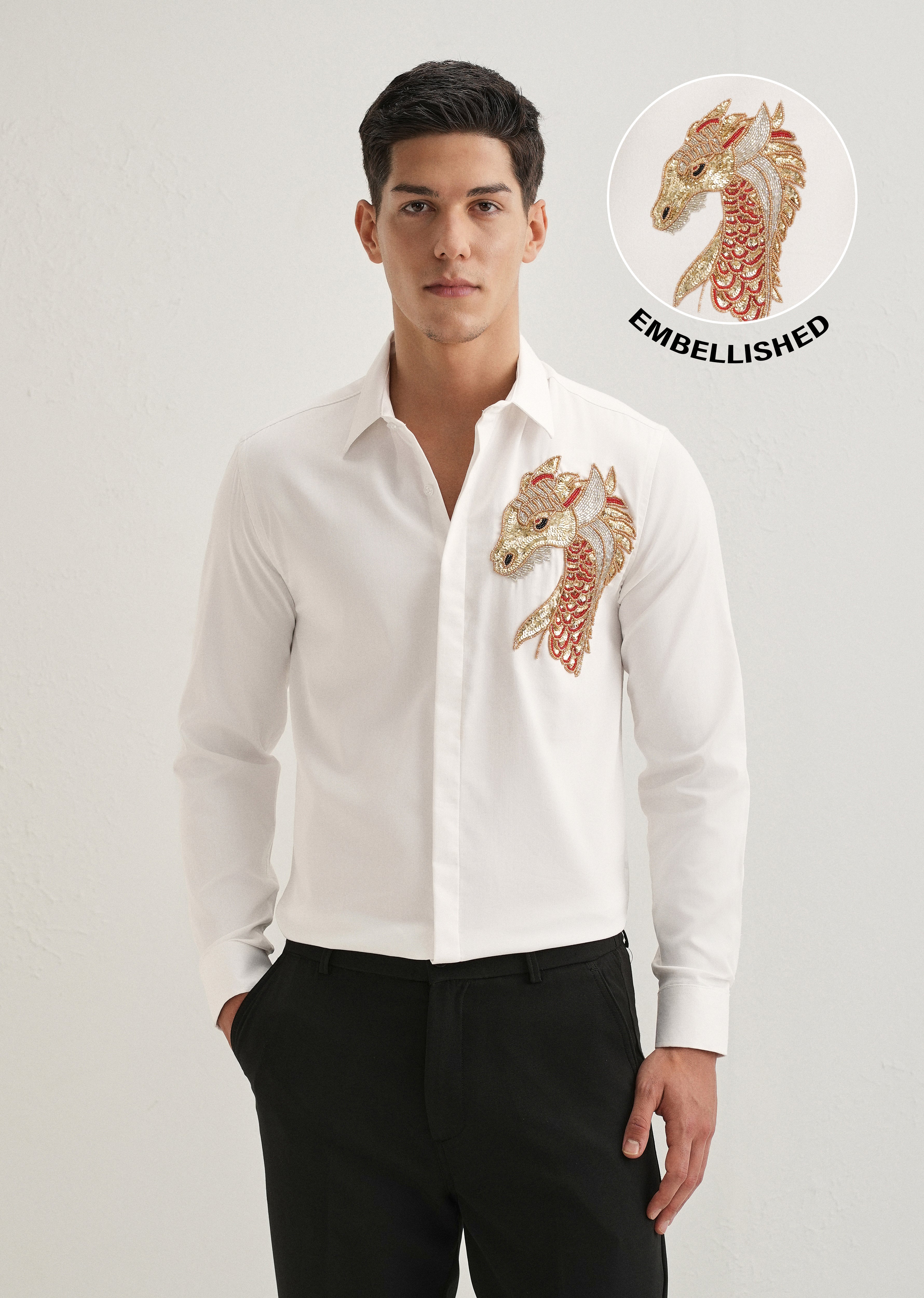 White Embellished Dragon Designer Shirt